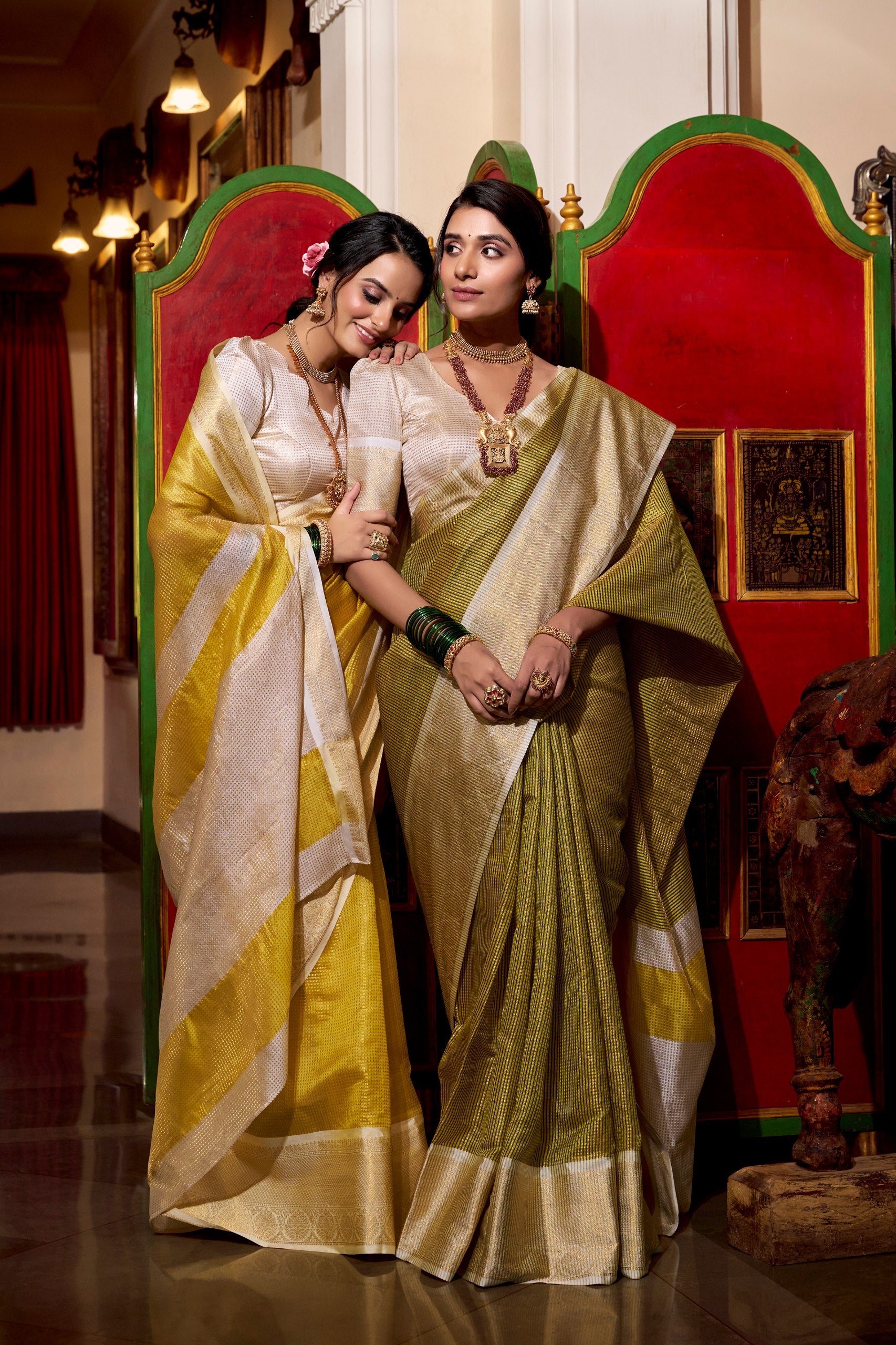 Yellow Jacquard Chex designer Saree