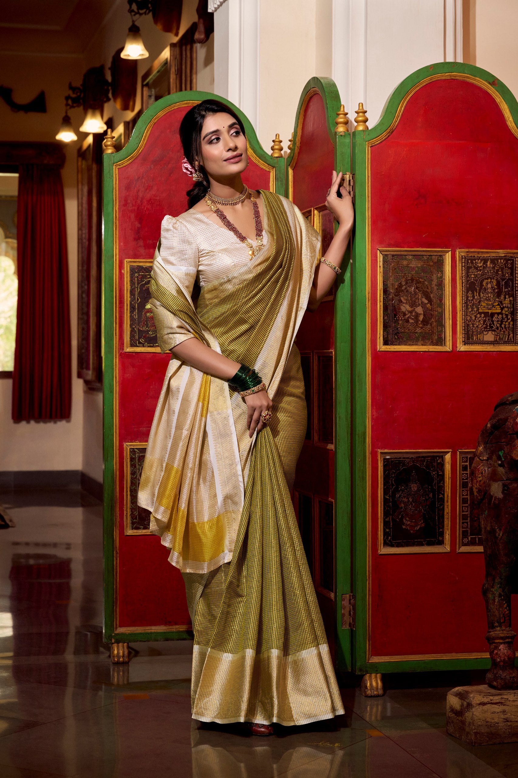 Yellow Jacquard Chex designer Saree