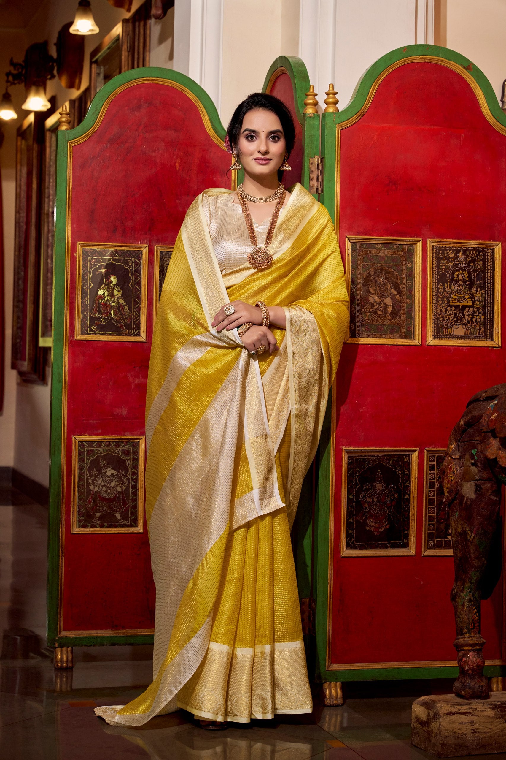 Yellow Jacquard Chex designer Saree