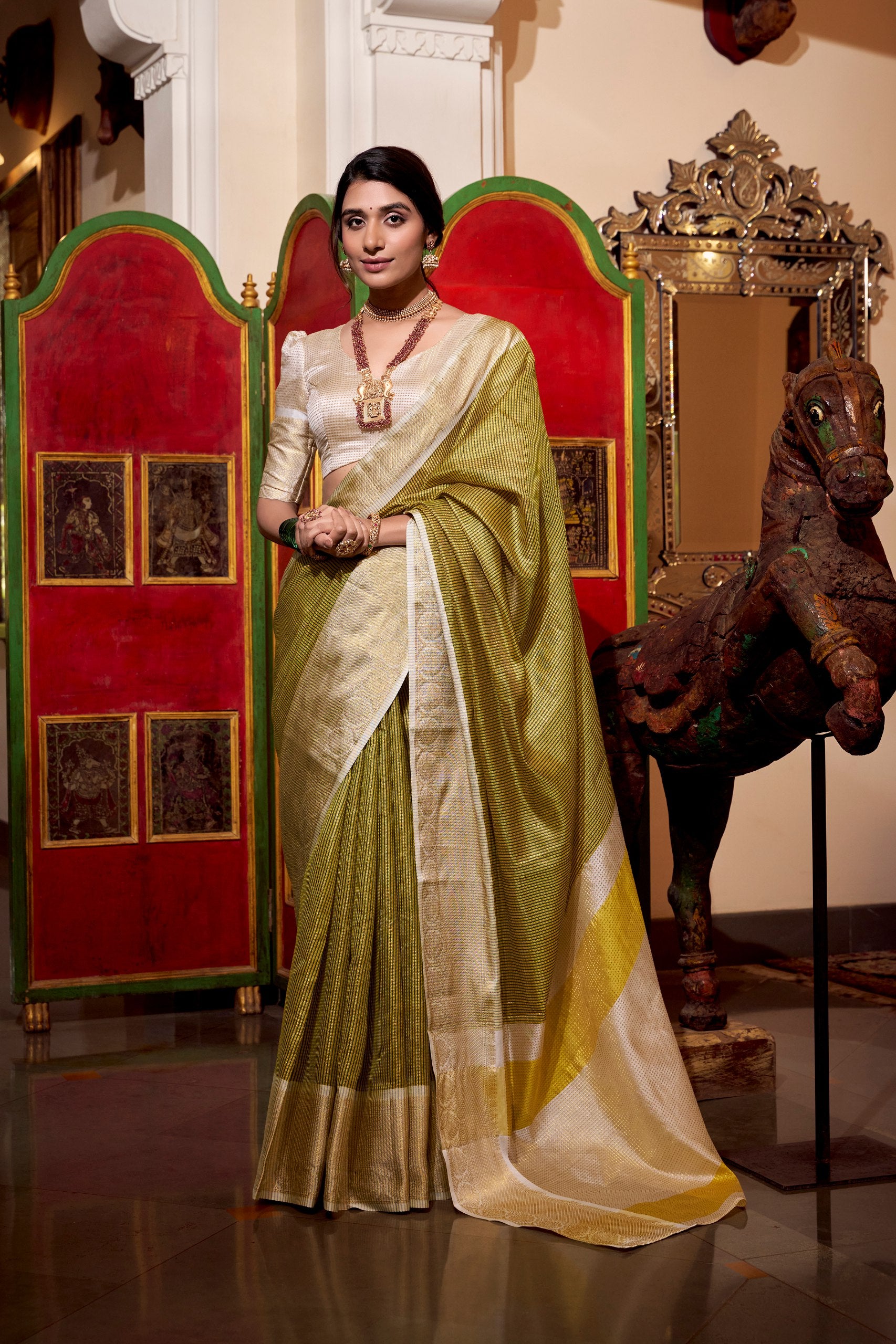 Yellow Jacquard Chex designer Saree