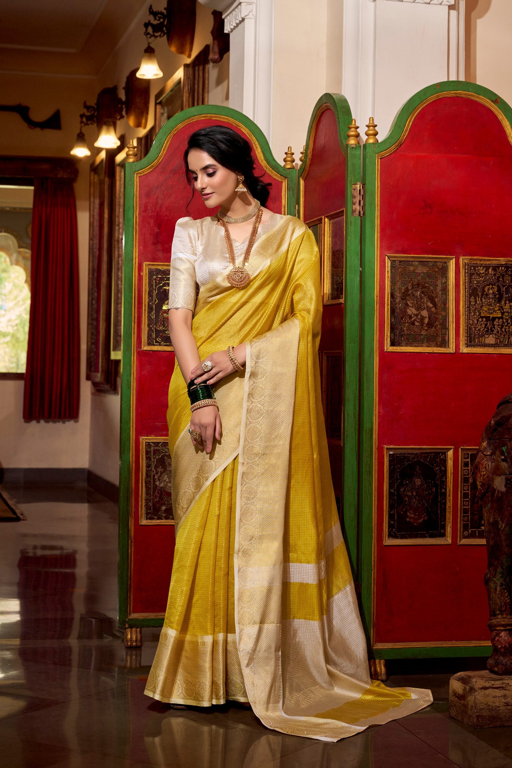 Yellow Jacquard Chex designer Saree