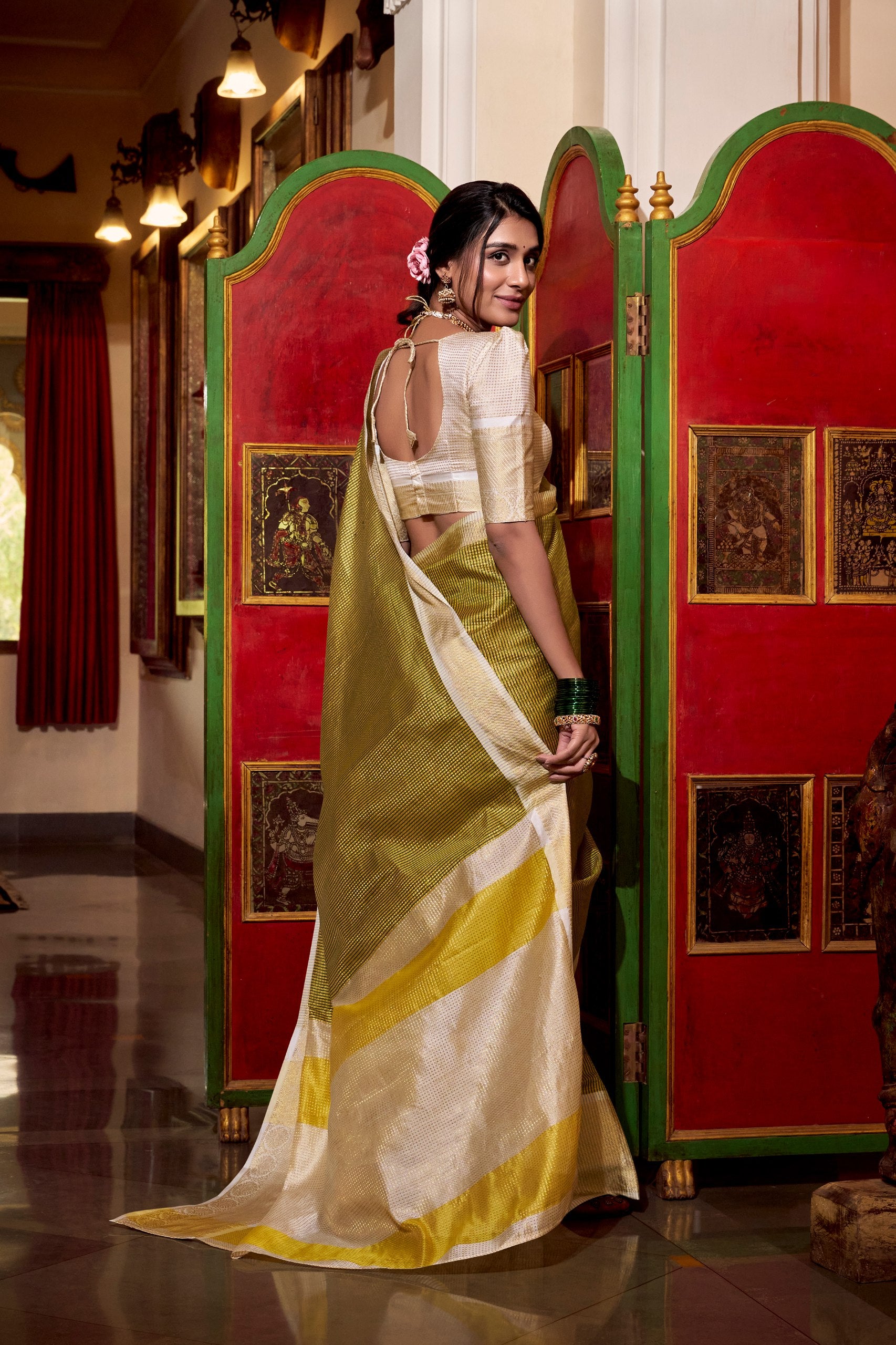 Yellow Jacquard Chex designer Saree