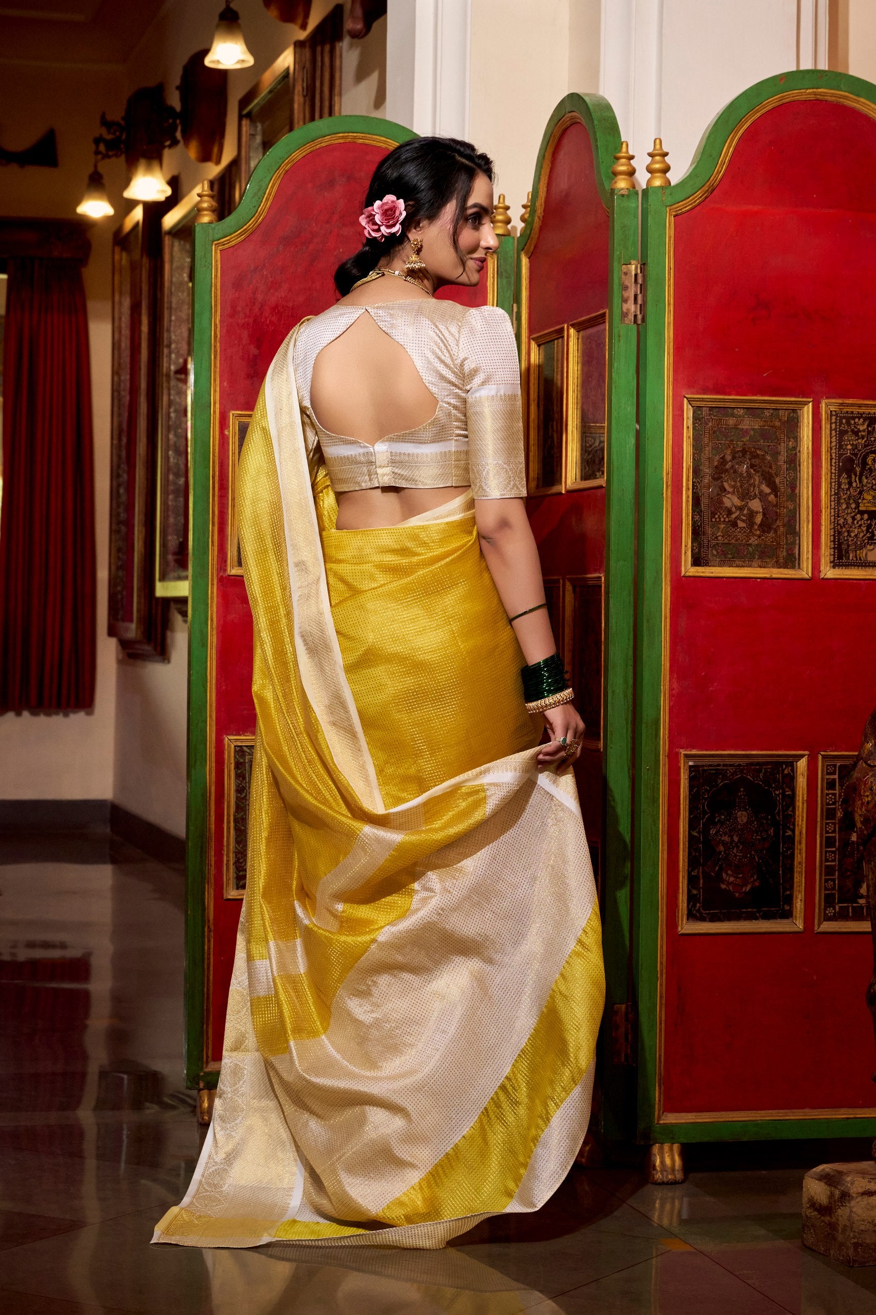 Yellow Jacquard Chex designer Saree