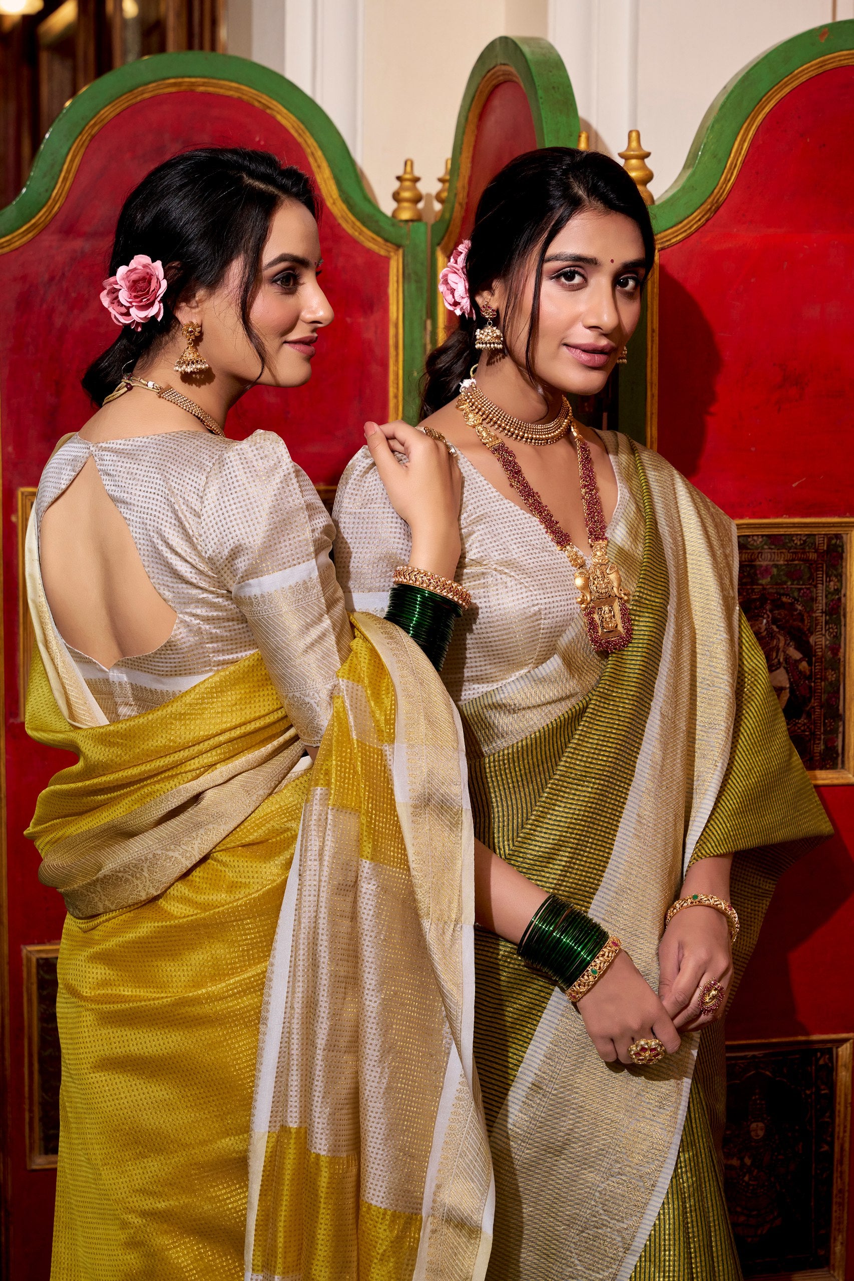 Yellow Jacquard Chex designer Saree