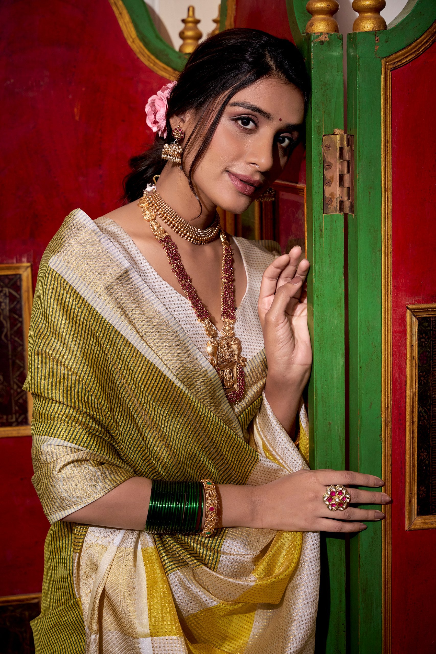 Yellow Jacquard Chex designer Saree