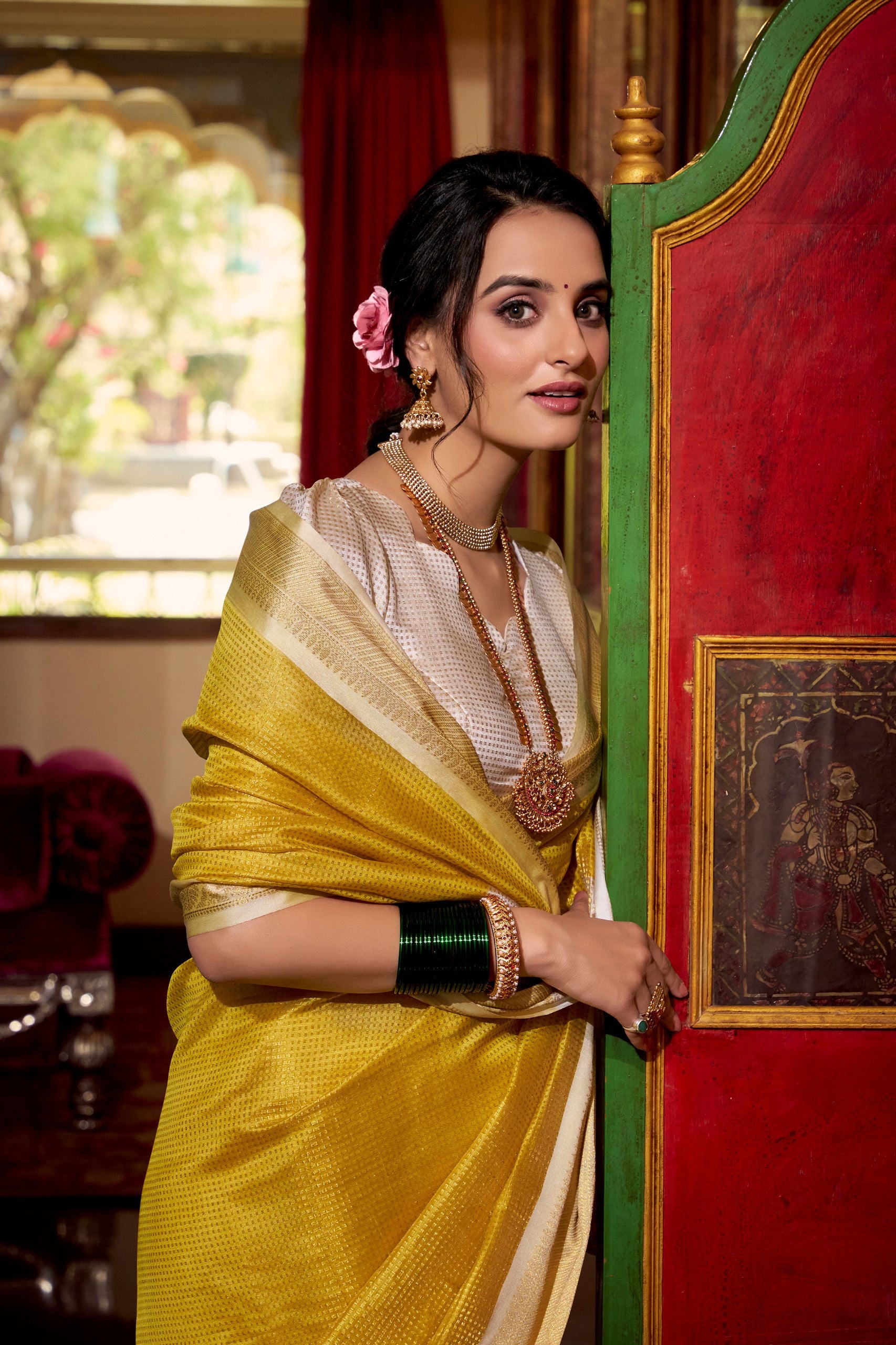 Yellow Jacquard Chex designer Saree