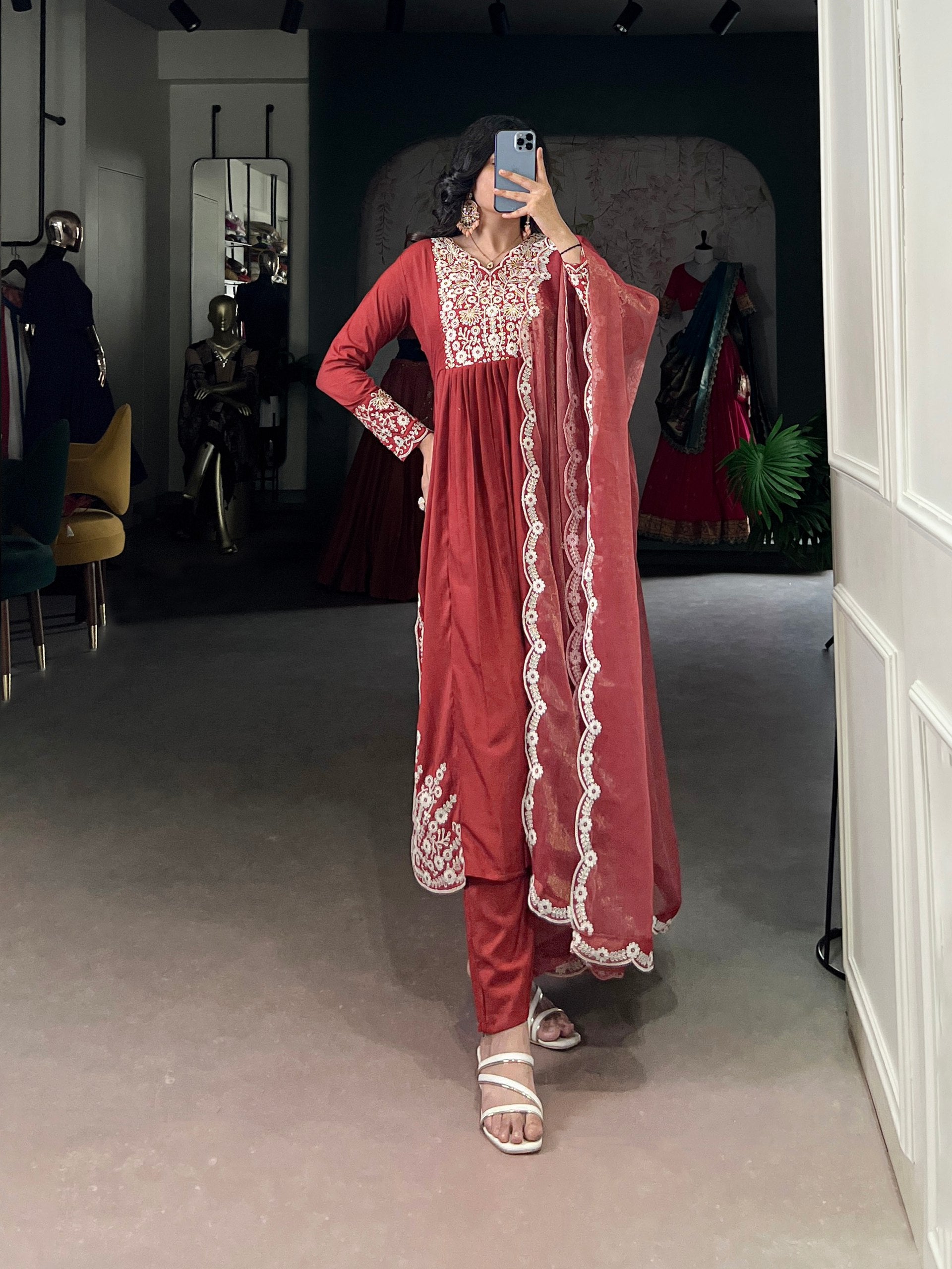 Elegant Rust orange Salwar Suit with Intricate White Embroidery