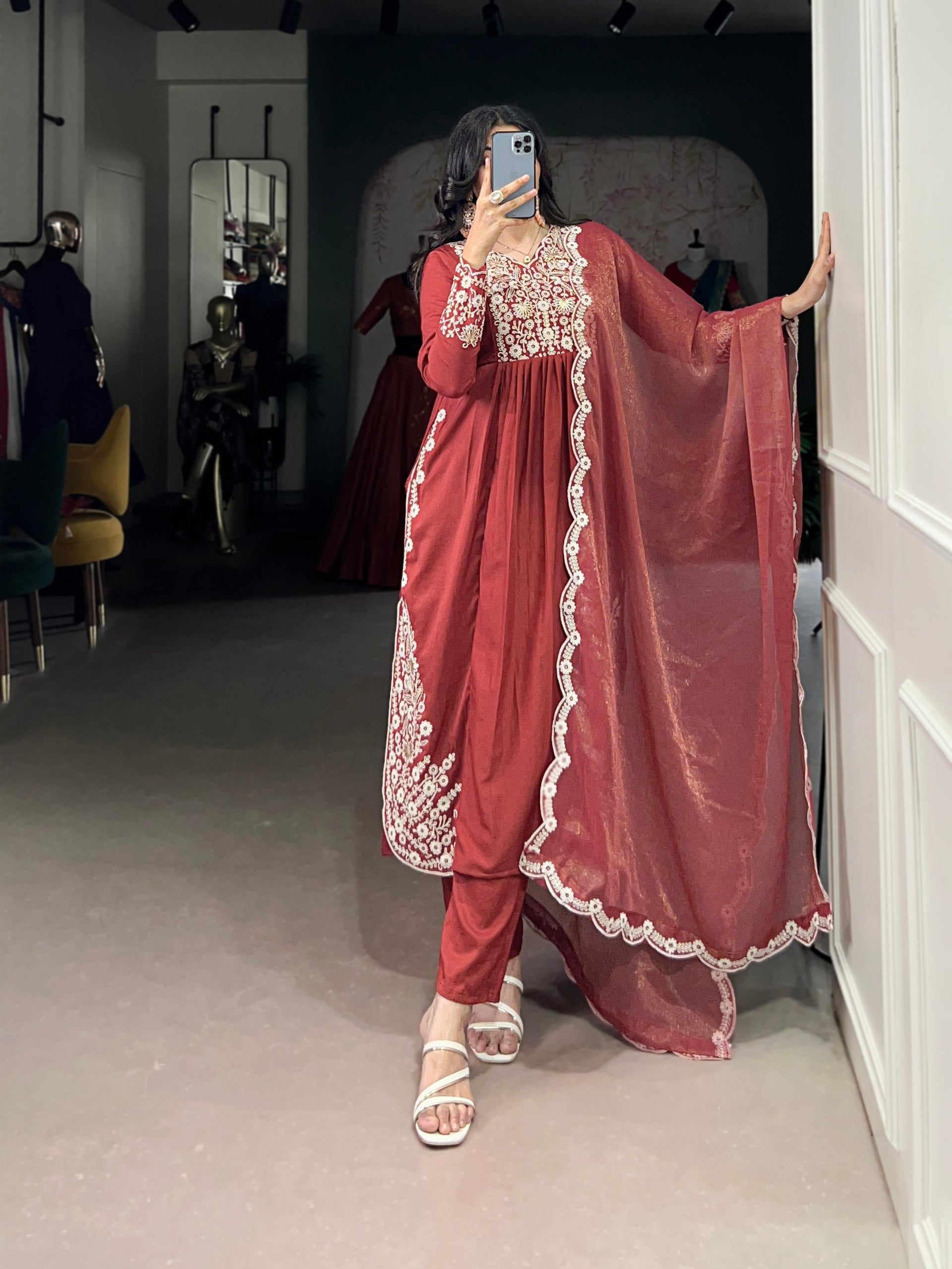 Elegant Rust orange Salwar Suit with Intricate White Embroidery