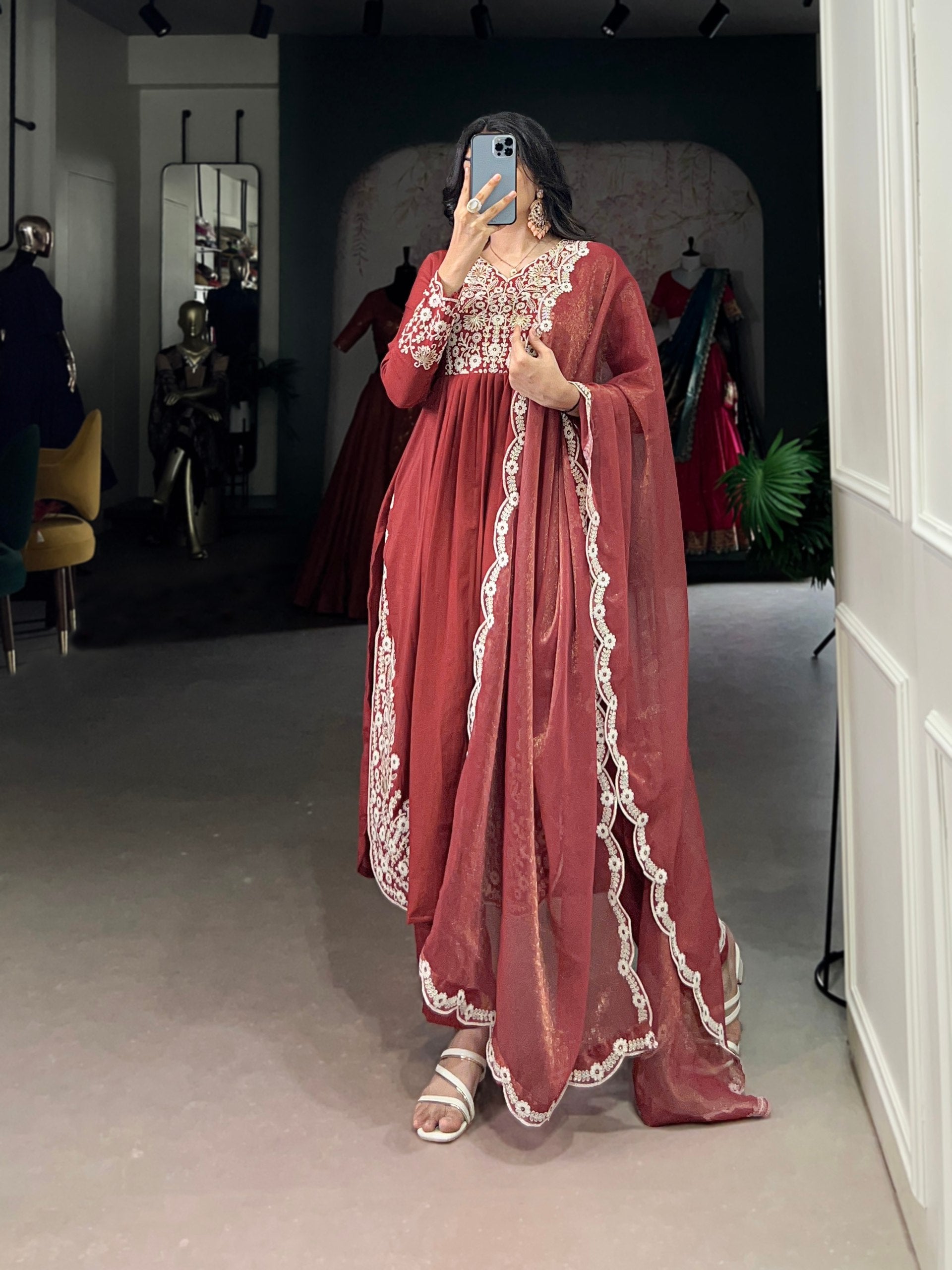 Elegant Rust orange Salwar Suit with Intricate White Embroidery