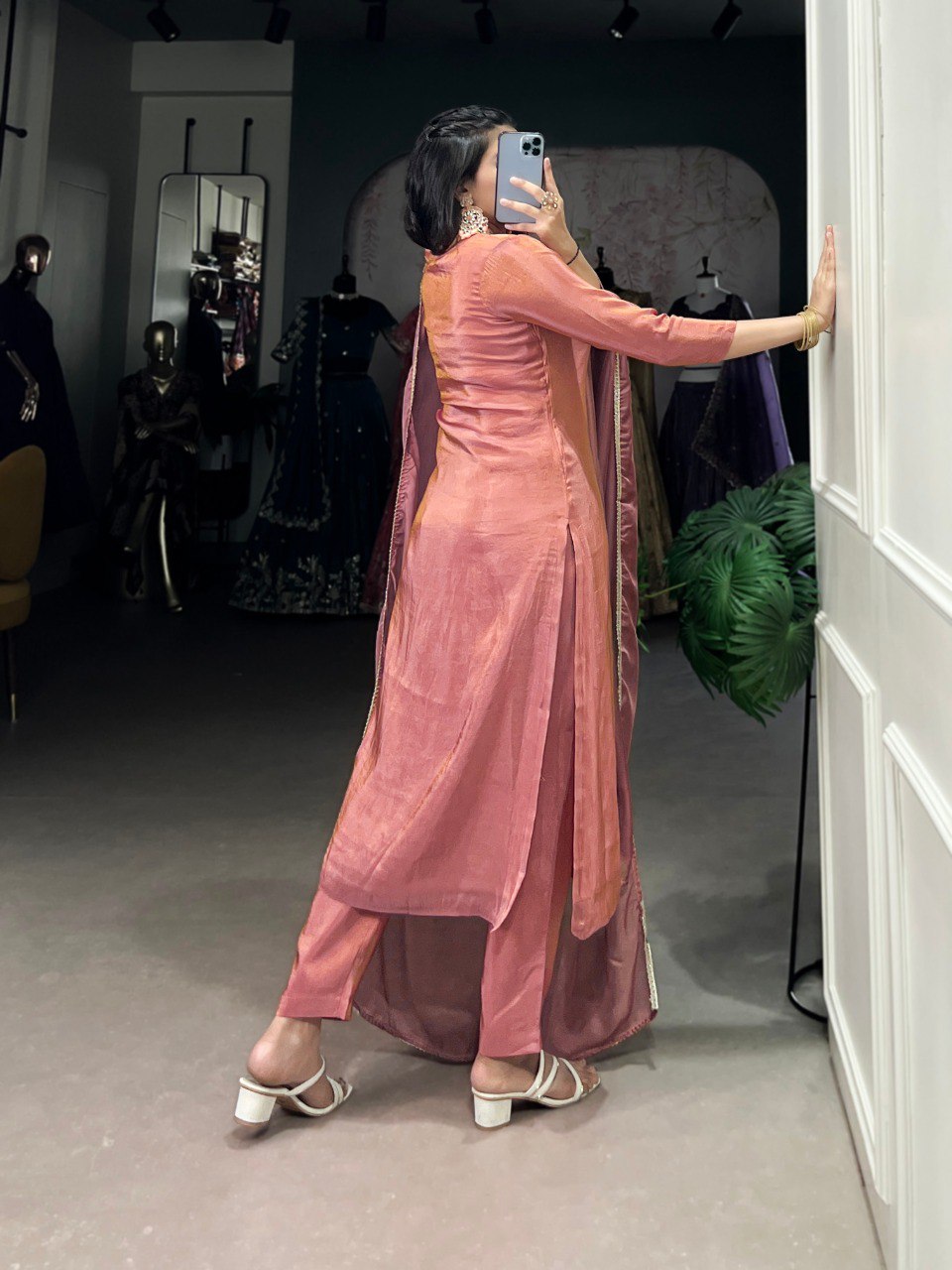 Elegant Peach Indian Kurta Set With Dupatta For Festive Wear