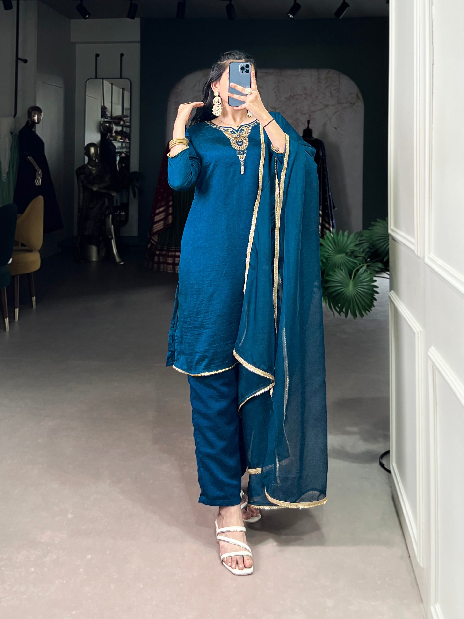Elegant Teal Indian Kurta Set with Beets Handwork And Sequins Work Lace Touch up