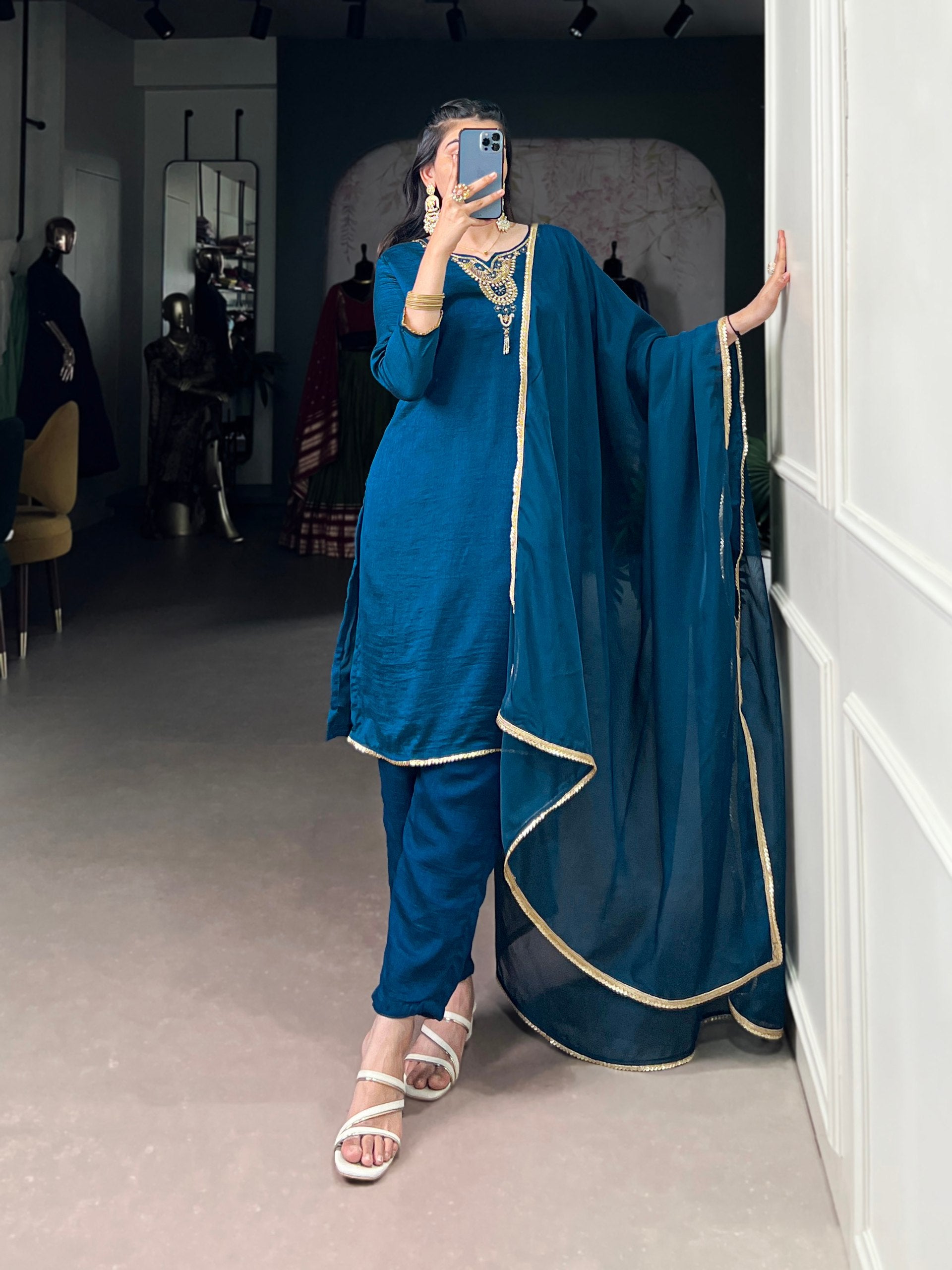 Elegant Teal Indian Kurta Set with Beets Handwork And Sequins Work Lace Touch up