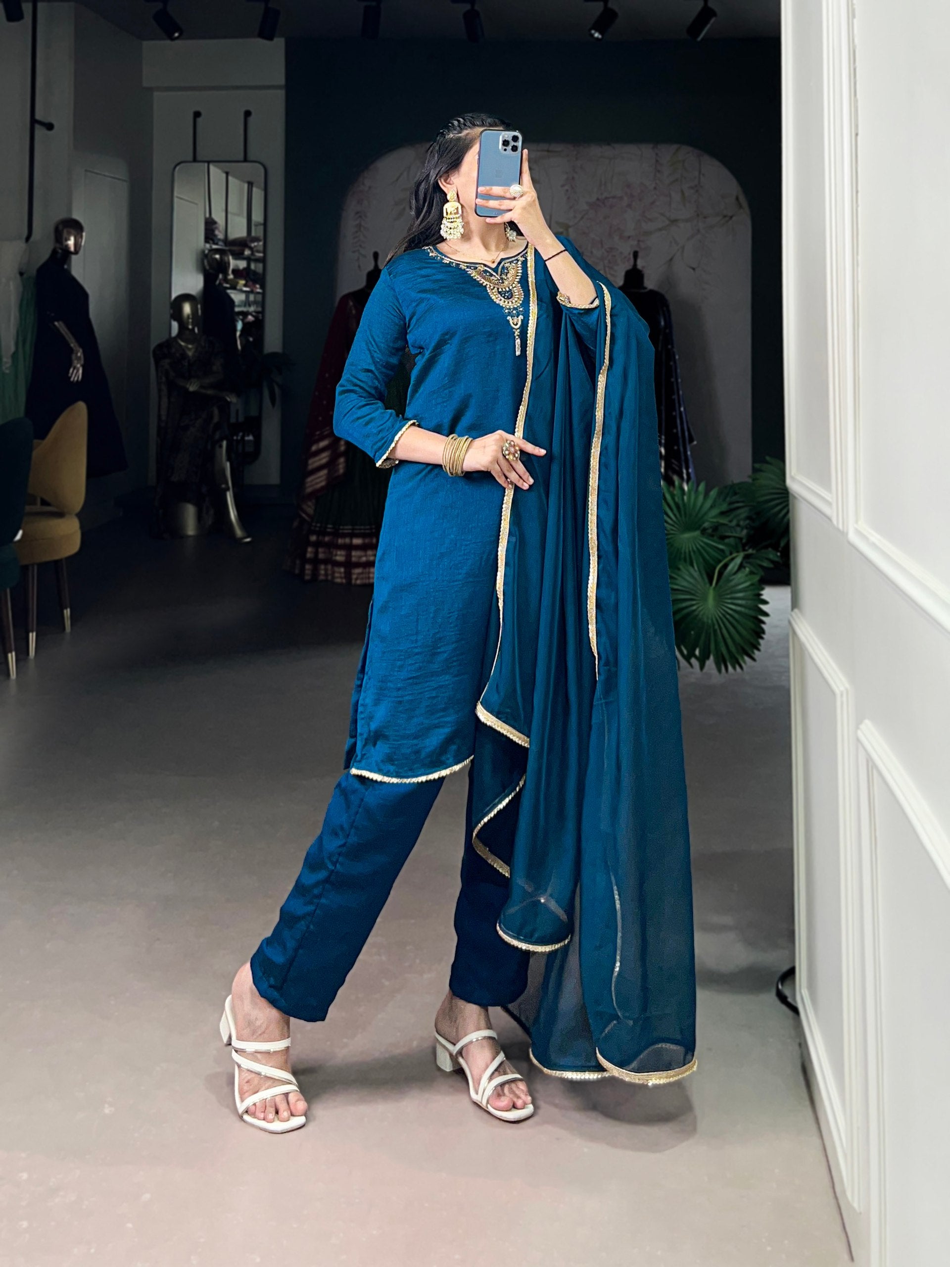 Elegant Teal Indian Kurta Set with Beets Handwork And Sequins Work Lace Touch up