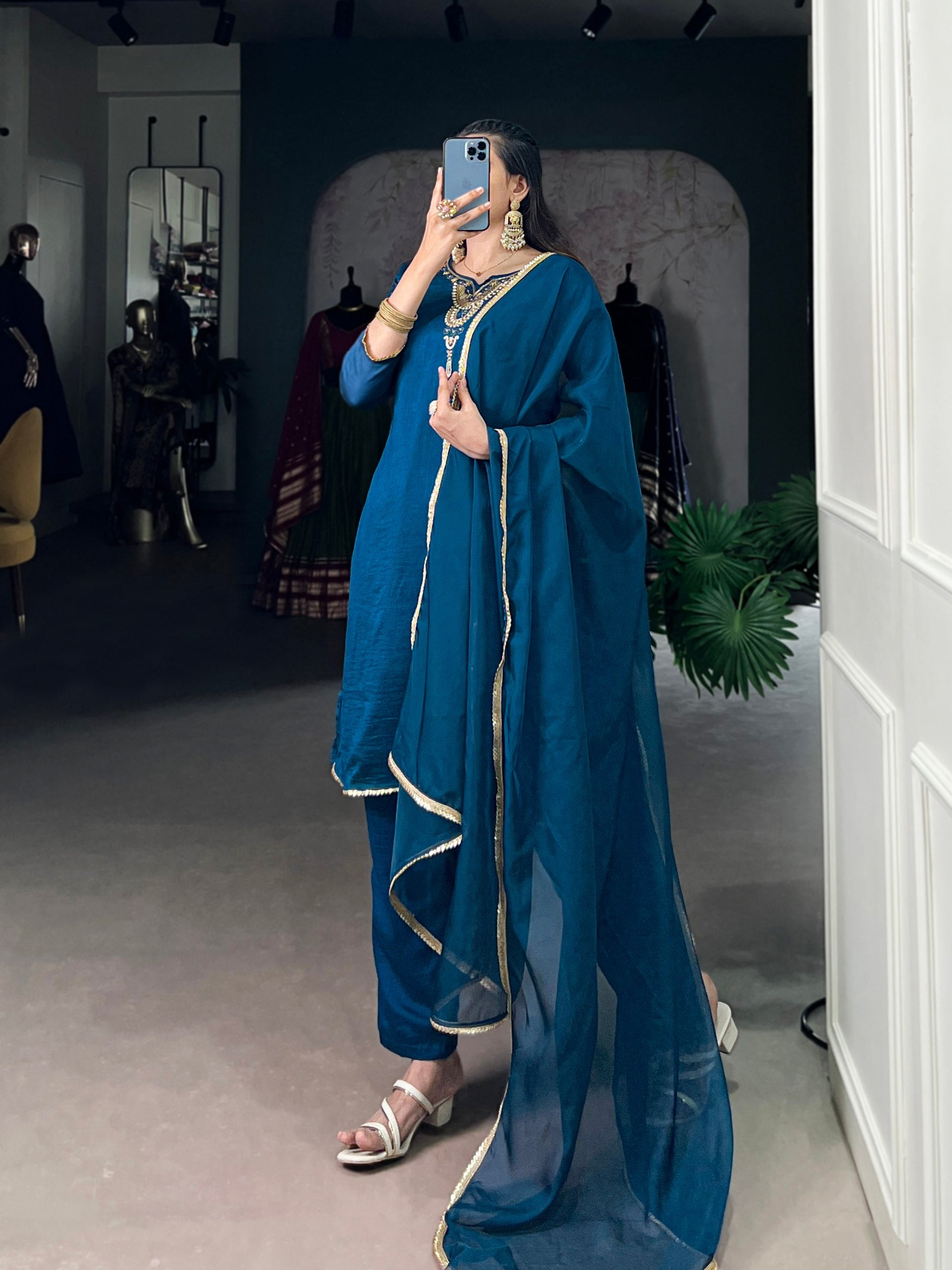 Elegant Teal Indian Kurta Set with Beets Handwork And Sequins Work Lace Touch up