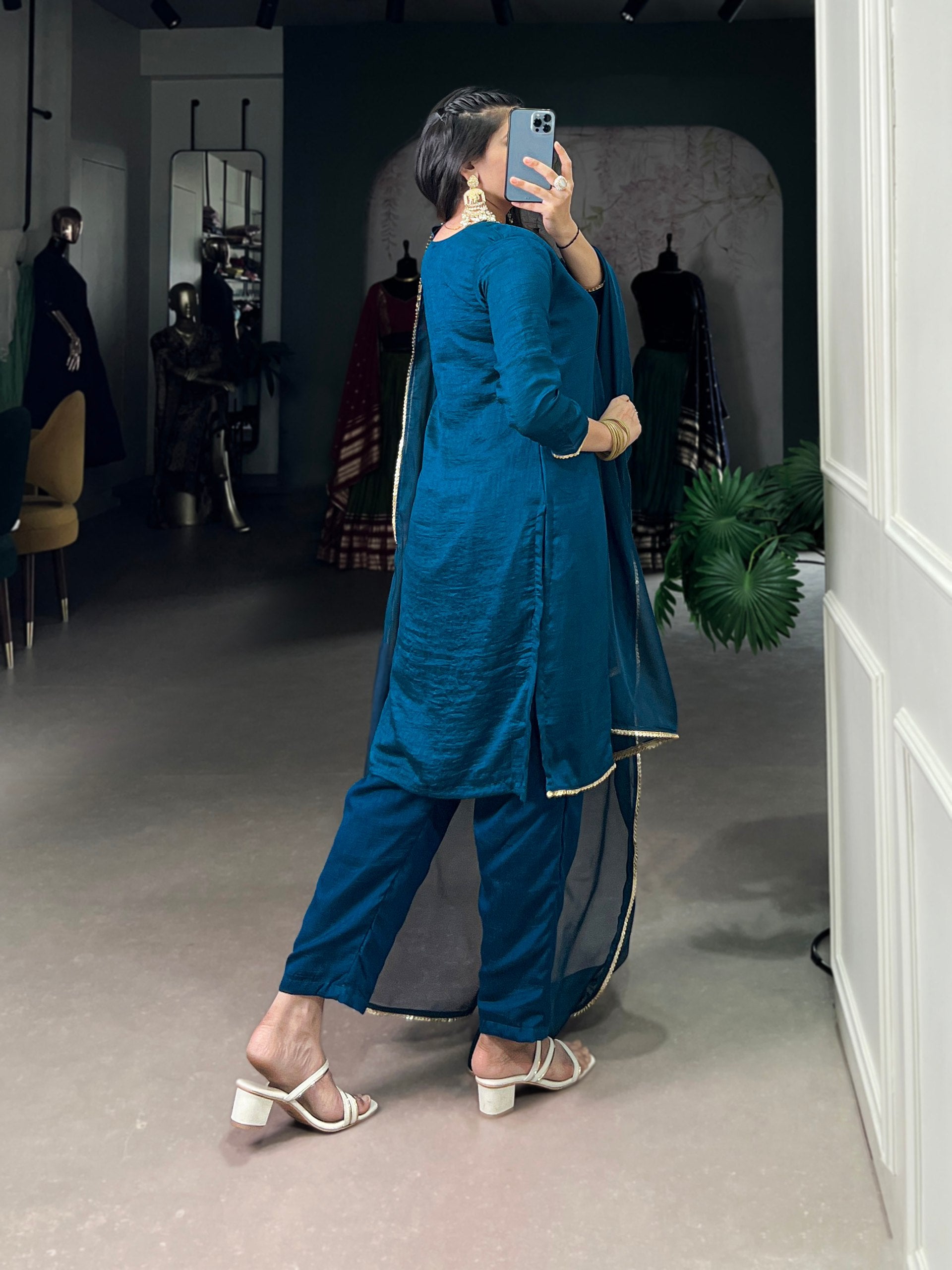 Elegant Teal Indian Kurta Set with Beets Handwork And Sequins Work Lace Touch up