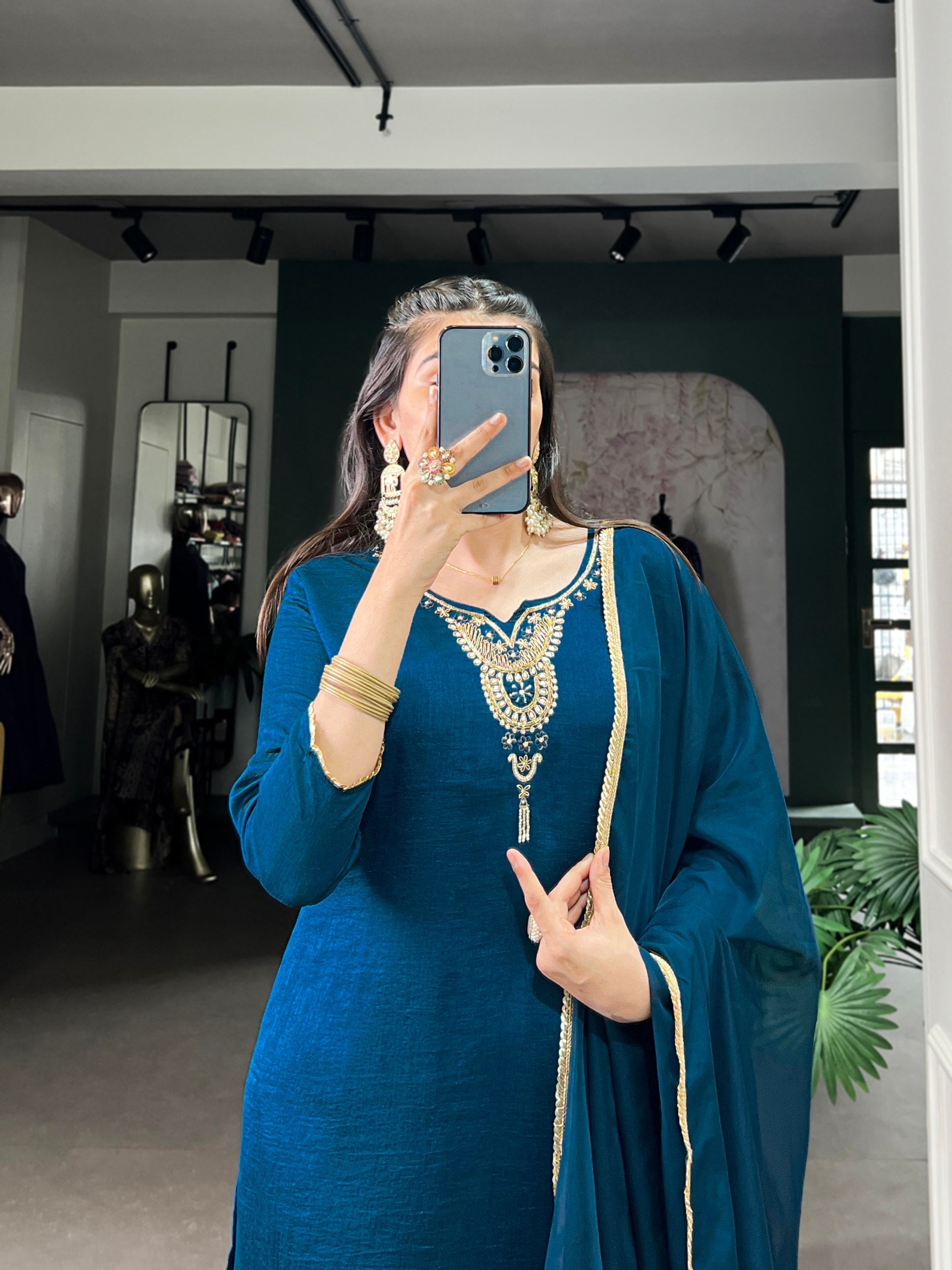 Elegant Teal Indian Kurta Set with Beets Handwork And Sequins Work Lace Touch up