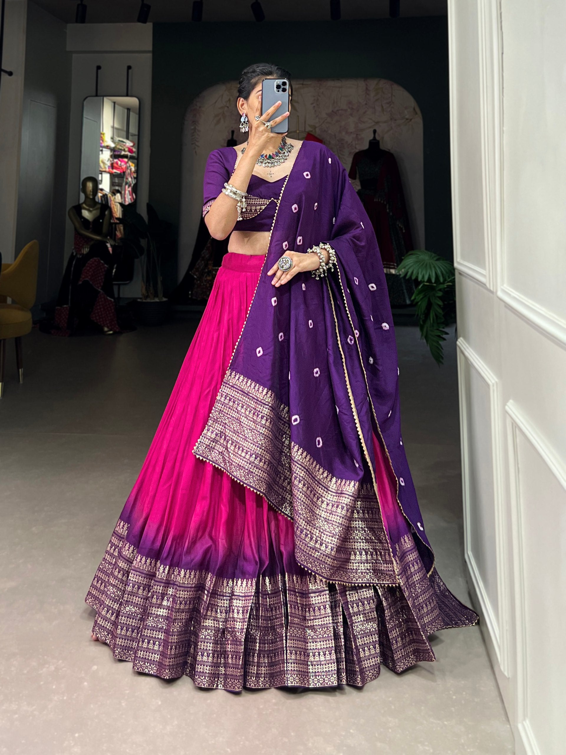 Purple Festive Color Padding With Zari Weaving Work Border with Bandhej Dupatta