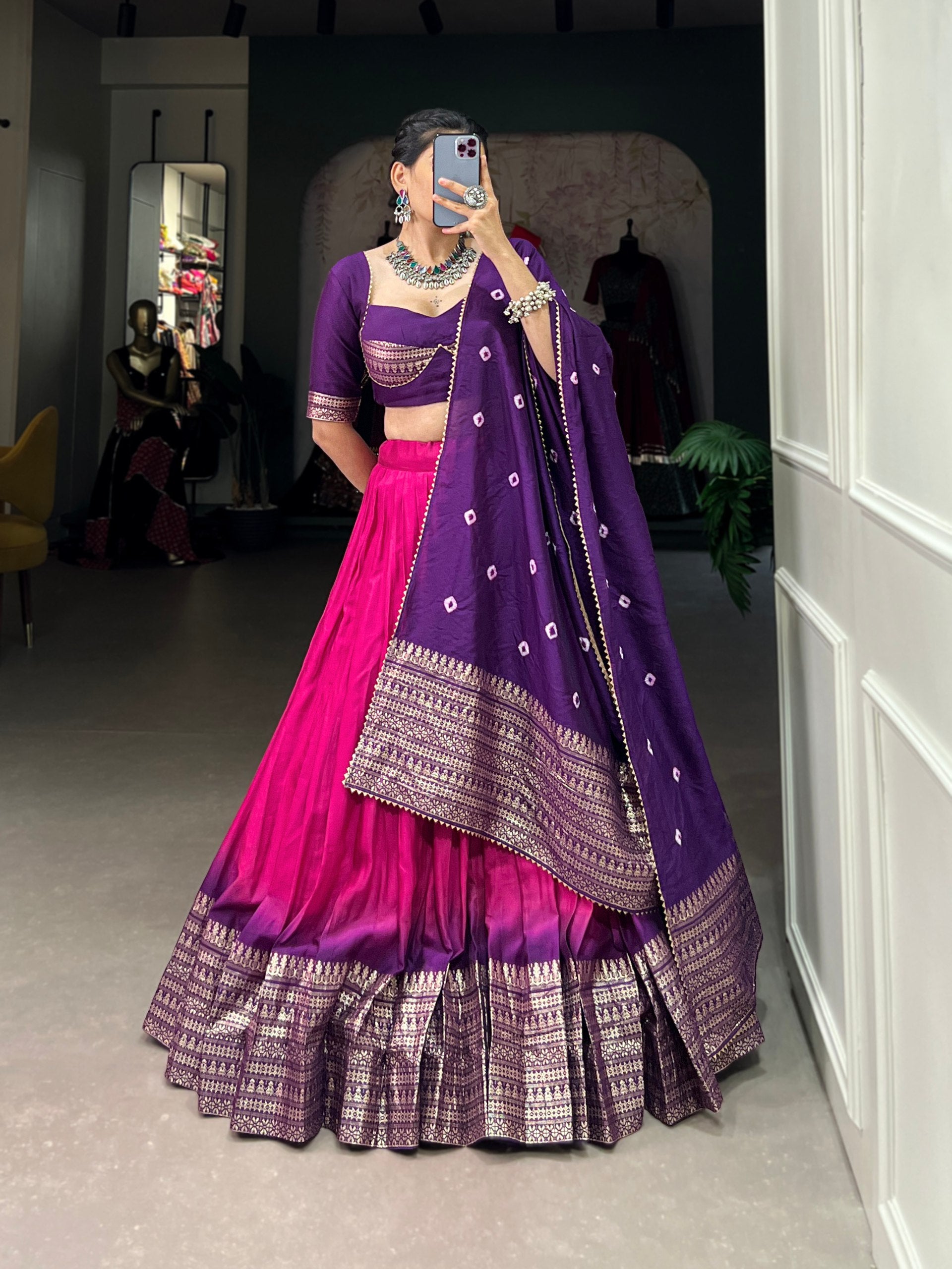 Purple Festive Color Padding With Zari Weaving Work Border with Bandhej Dupatta