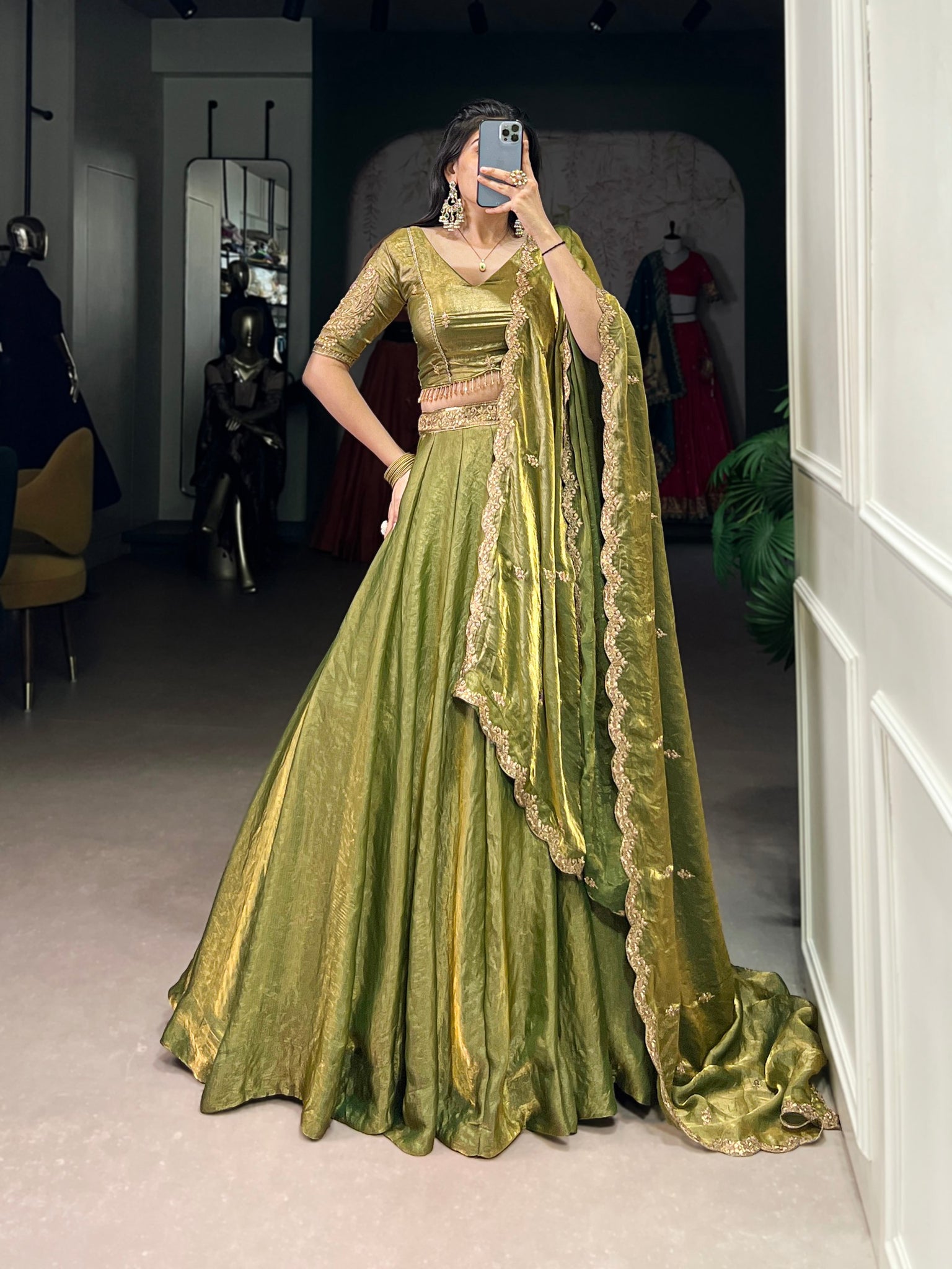 Elegant Mehndi Green Lehenga with Golden Lace Detailing