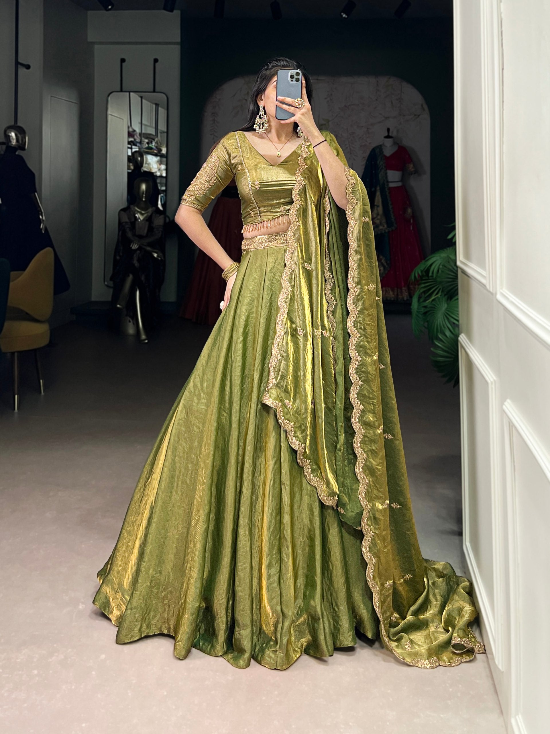 Elegant Mehndi Green Lehenga with Golden Lace Detailing