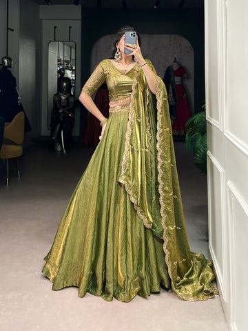 Elegant Mehndi Green Lehenga with Golden Lace Detailing