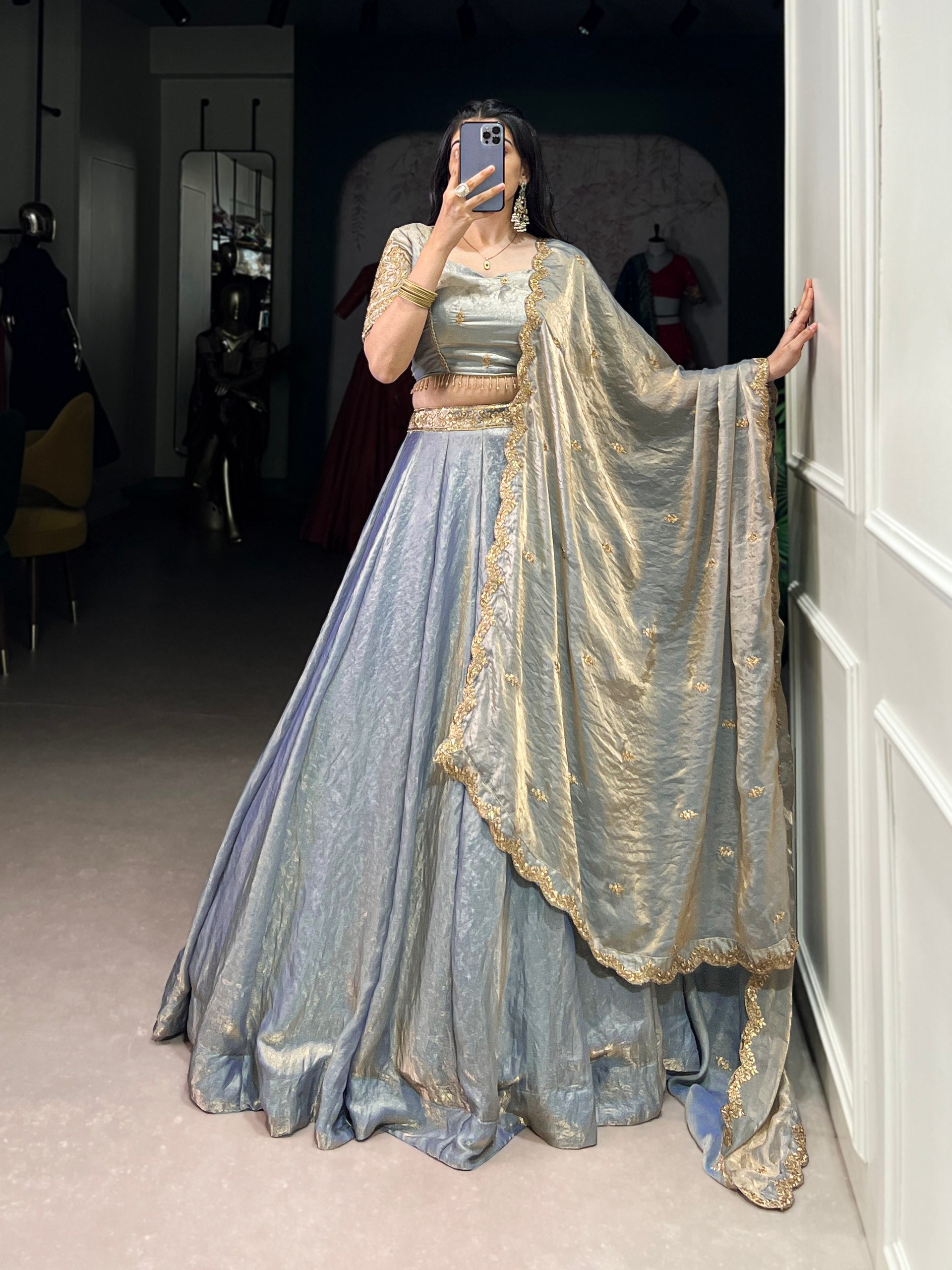 Elegant Mehndi Green Lehenga with Golden Lace Detailing
