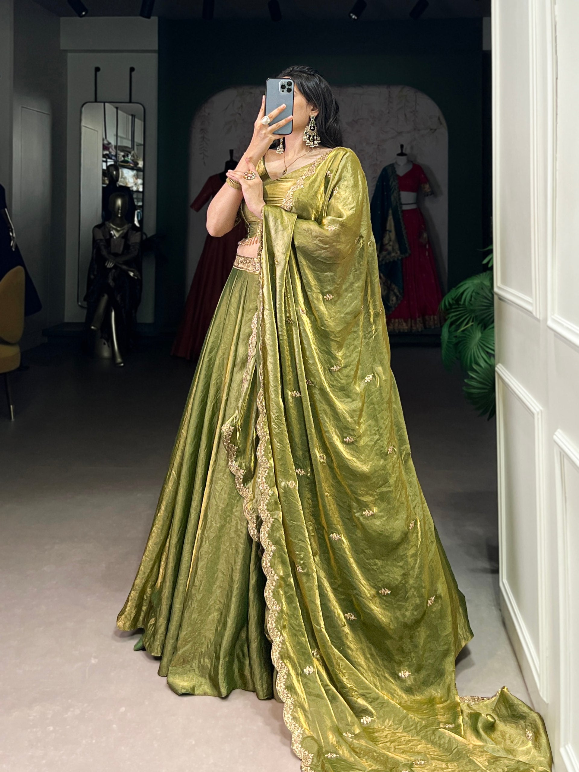 Elegant Mehndi Green Lehenga with Golden Lace Detailing