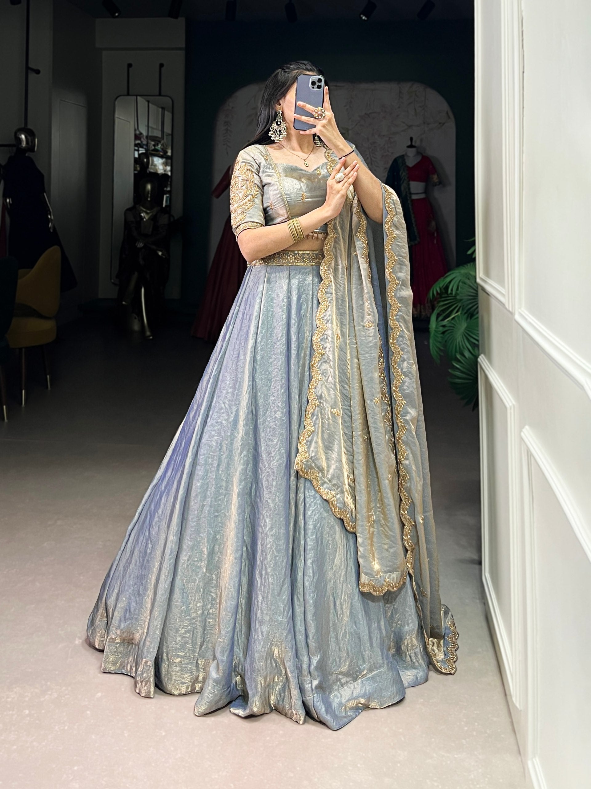 Elegant Mehndi Green Lehenga with Golden Lace Detailing
