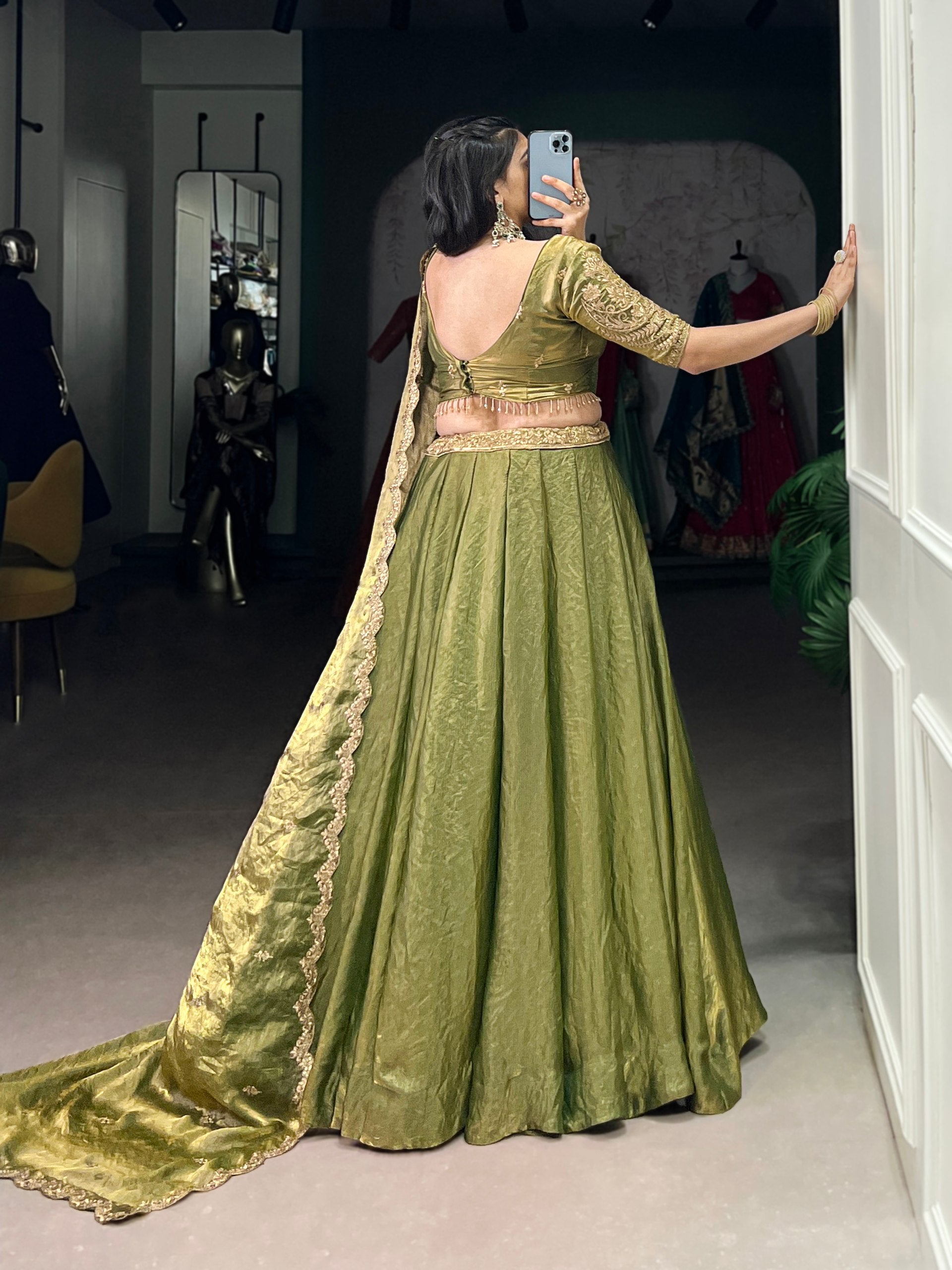 Elegant Mehndi Green Lehenga with Golden Lace Detailing