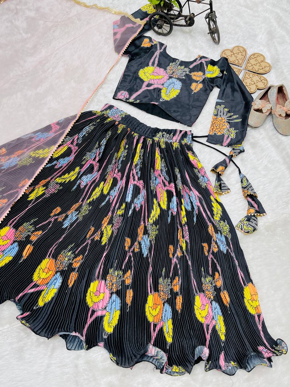 Black Midnight Garden Lehenga Set for Girls