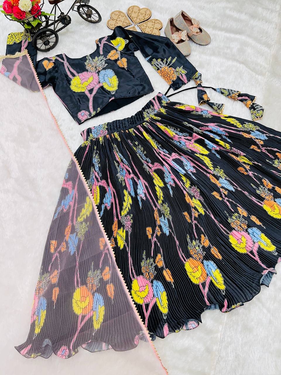 Black Midnight Garden Lehenga Set for Girls