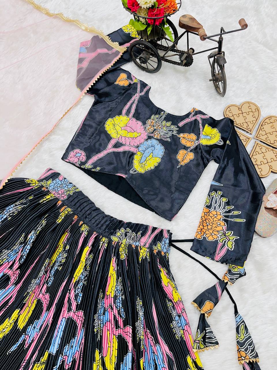 Black Midnight Garden Lehenga Set for Girls