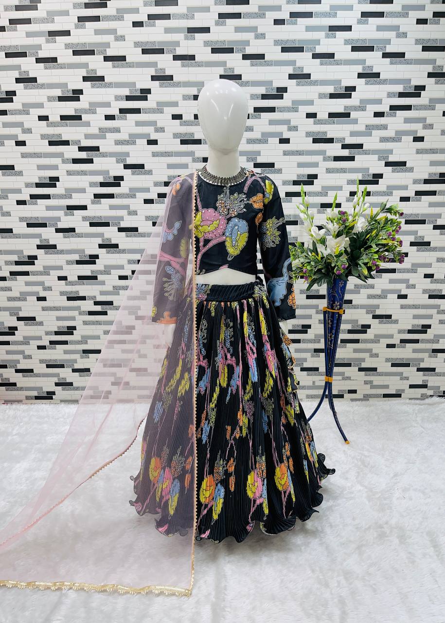 Black Midnight Garden Lehenga Set for Girls