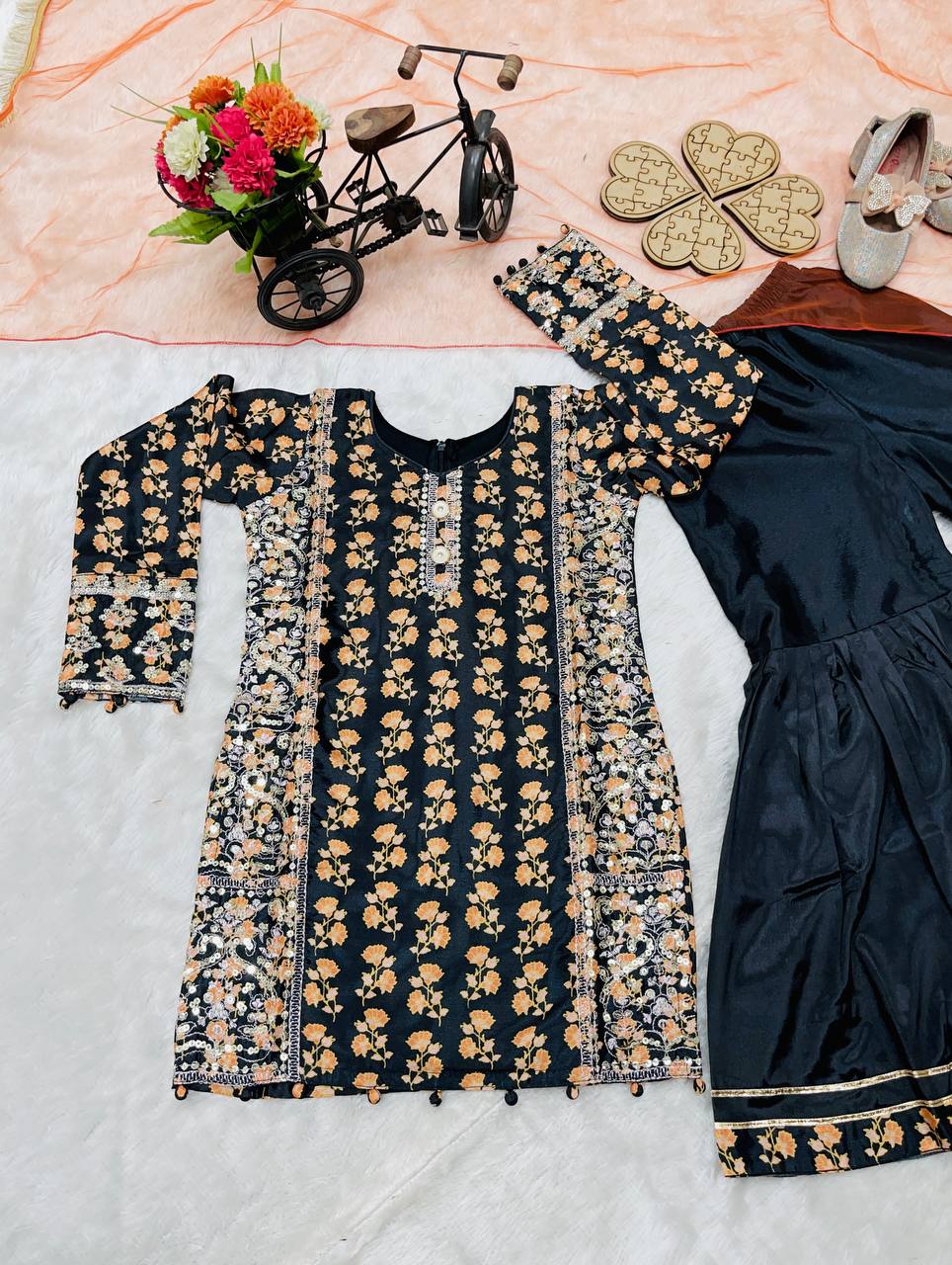 Black & Dark Red Festive Charm Sharara Set