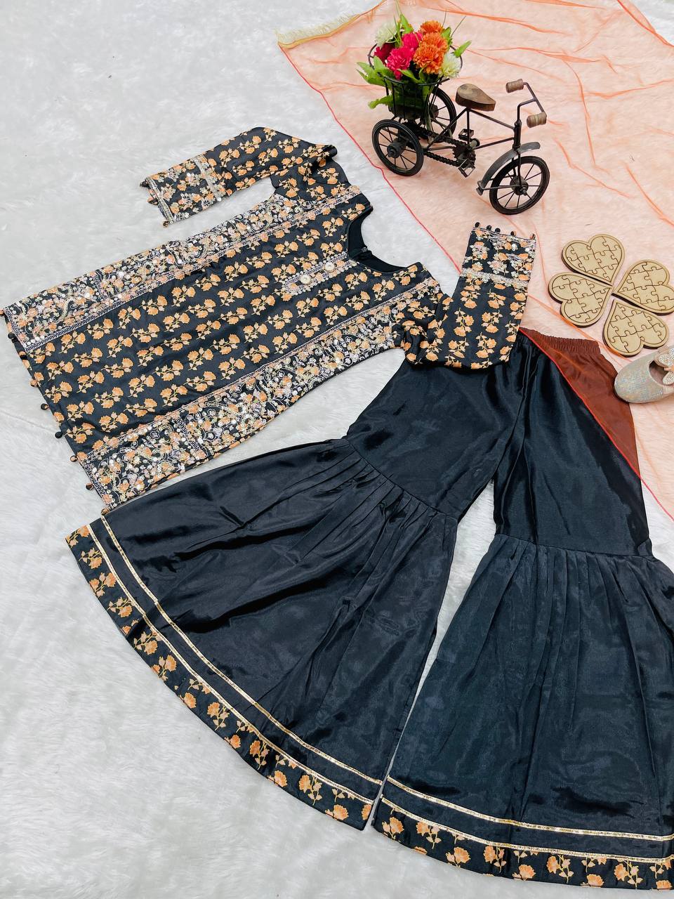 Black & Dark Red Festive Charm Sharara Set