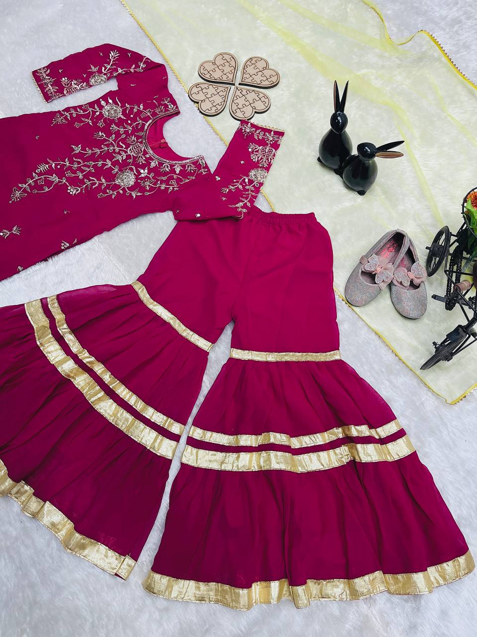Pink Embroidery Gulbahar Glam Sharara Set with Yellow duppata with lace