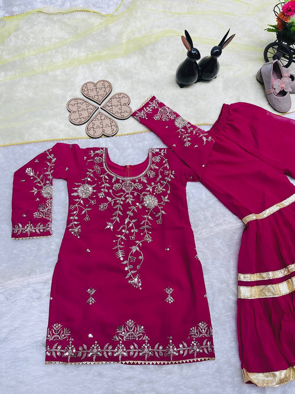 Pink Embroidery Gulbahar Glam Sharara Set with Yellow duppata with lace