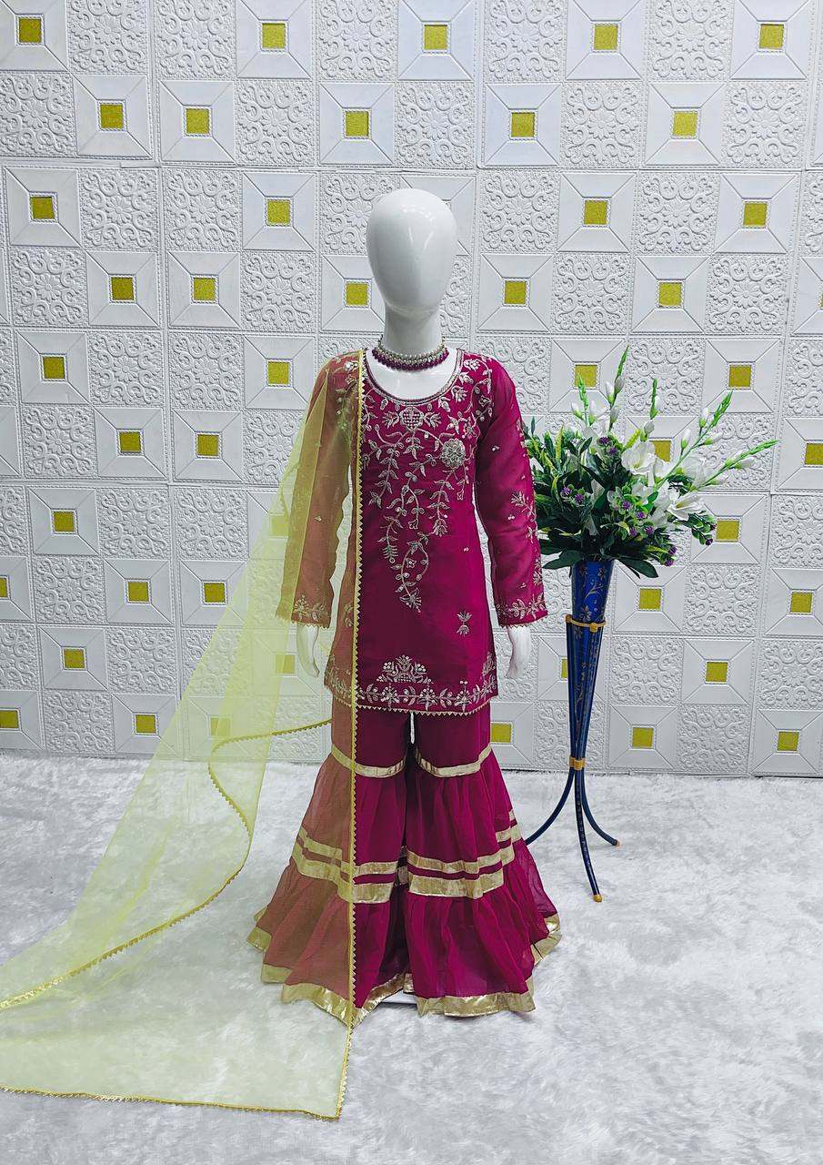 Pink Embroidery Gulbahar Glam Sharara Set with Yellow duppata with lace