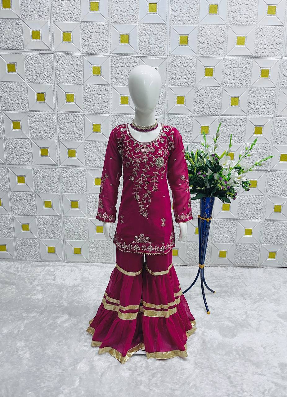 Pink Embroidery Gulbahar Glam Sharara Set with Yellow duppata with lace