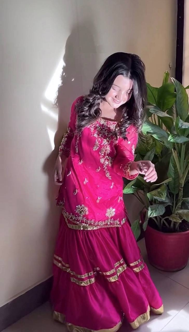 Pink Embroidery Gulbahar Glam Sharara Set with Yellow duppata with lace