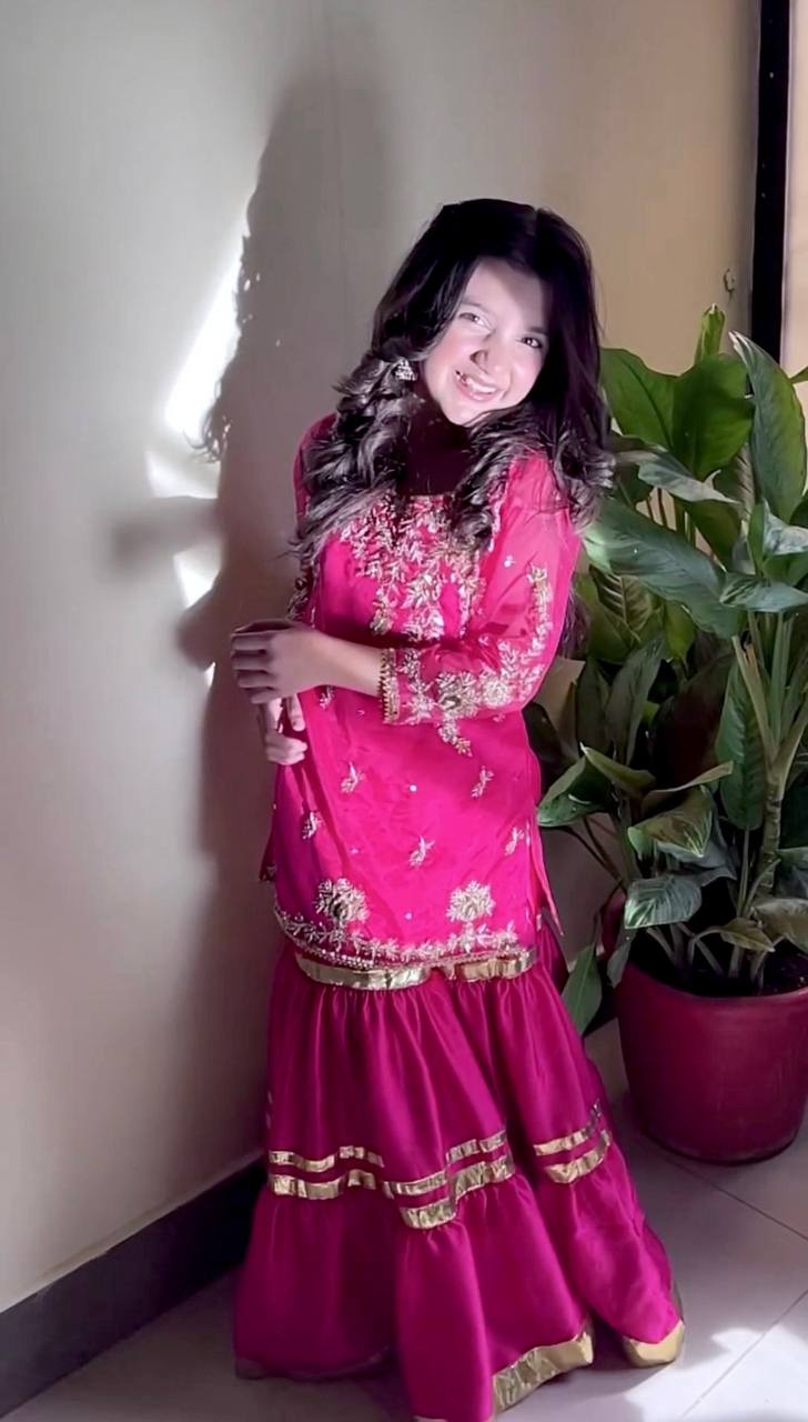 Pink Embroidery Gulbahar Glam Sharara Set with Yellow duppata with lace