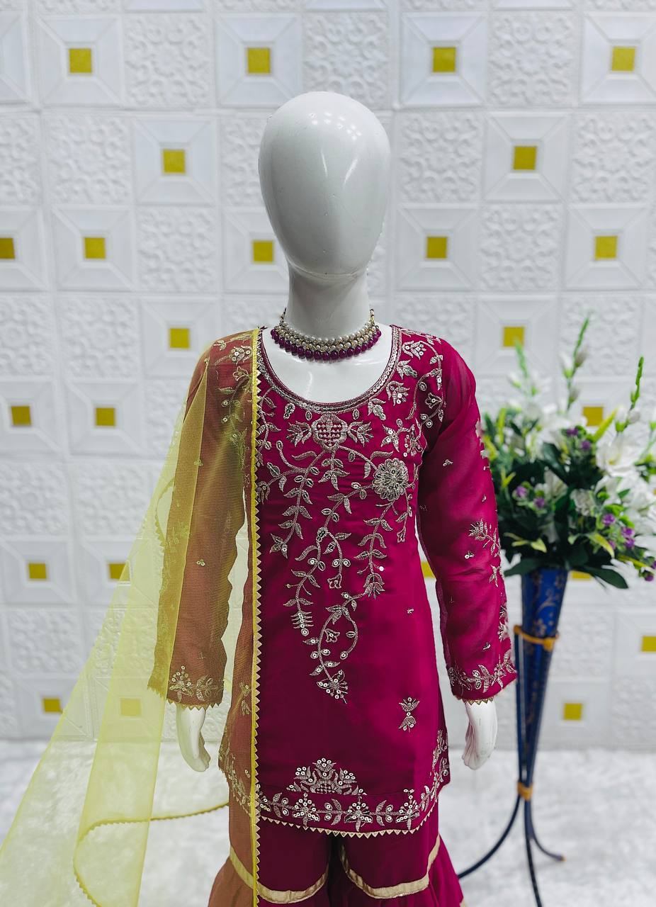 Pink Embroidery Gulbahar Glam Sharara Set with Yellow duppata with lace