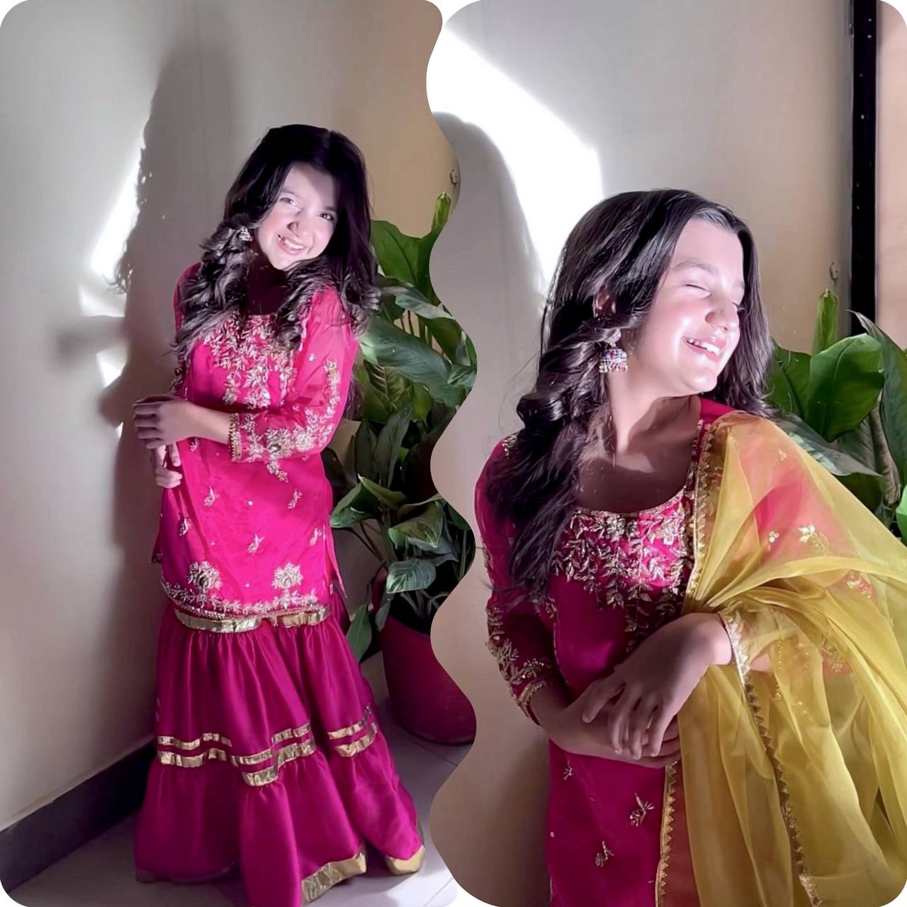 Pink Embroidery Gulbahar Glam Sharara Set with Yellow duppata with lace