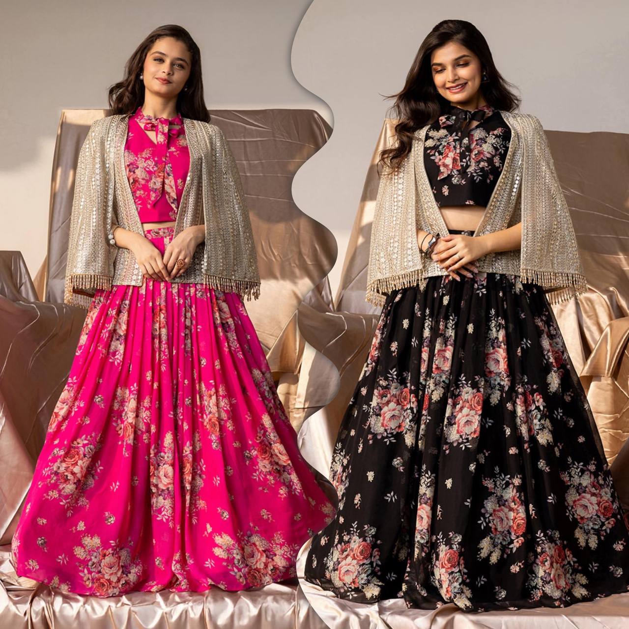 Floral Bloom Hot Pink Fusion Lehenga with Mirror Cape