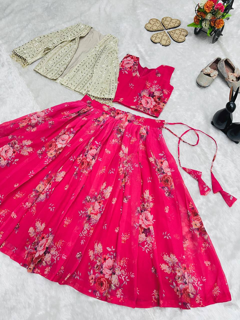 Floral Bloom Hot Pink Fusion Lehenga with Mirror Cape