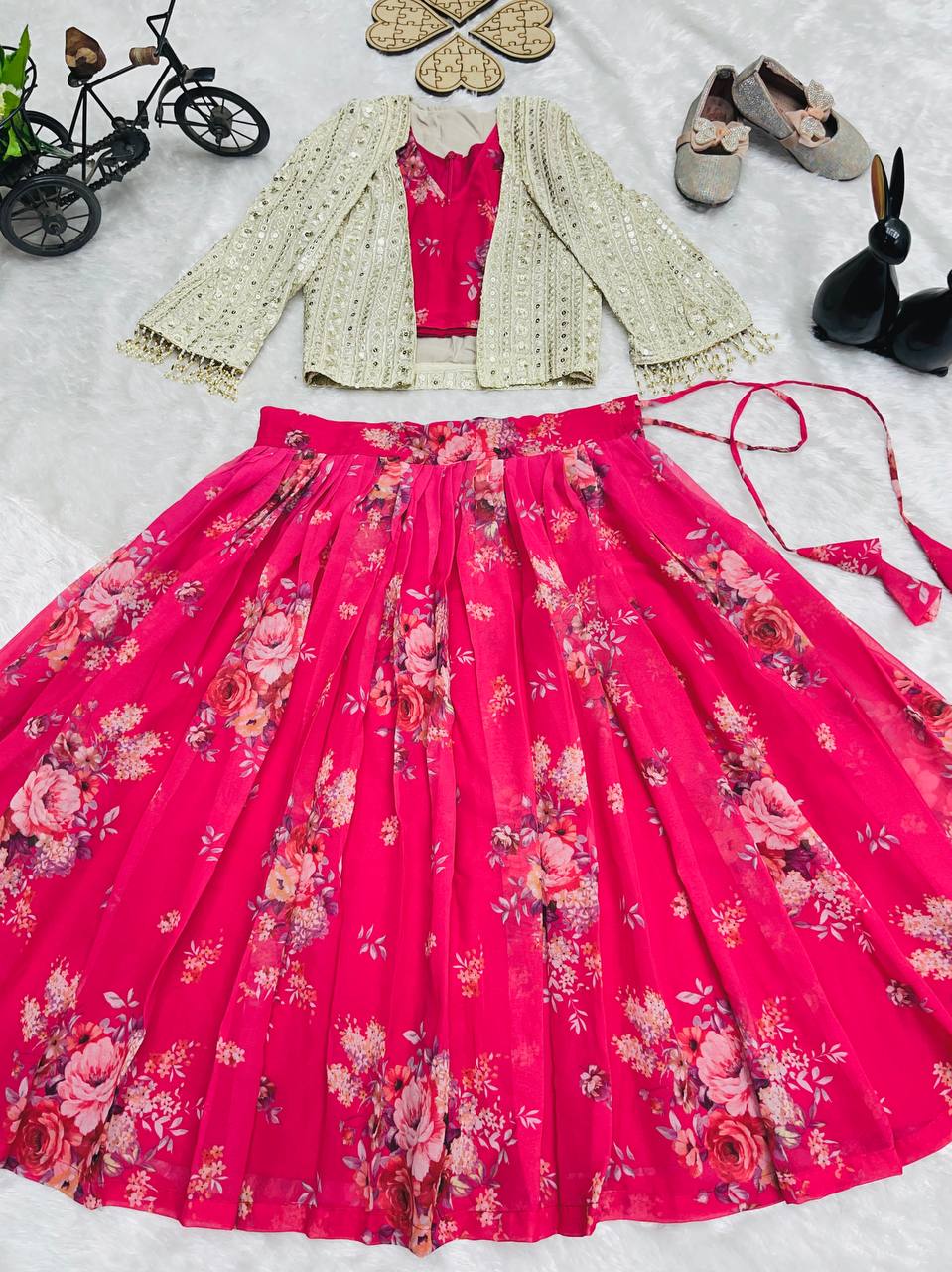 Floral Bloom Hot Pink Fusion Lehenga with Mirror Cape