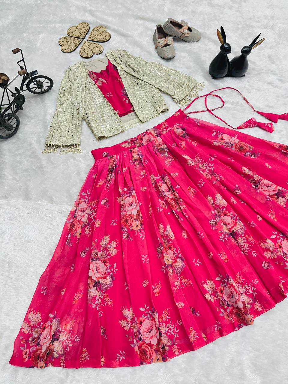 Floral Bloom Hot Pink Fusion Lehenga with Mirror Cape