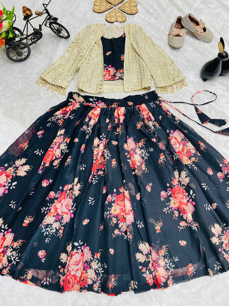 Floral Bloom Hot Pink Fusion Lehenga with Mirror Cape