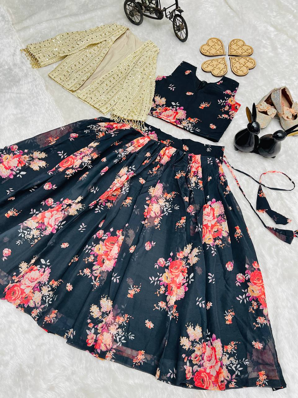 Floral Bloom Hot Pink Fusion Lehenga with Mirror Cape