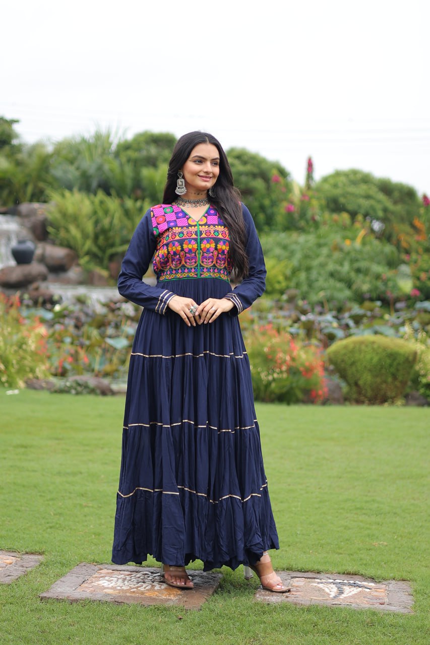 Wine Traditional Gown with Kutchi Mirror Work